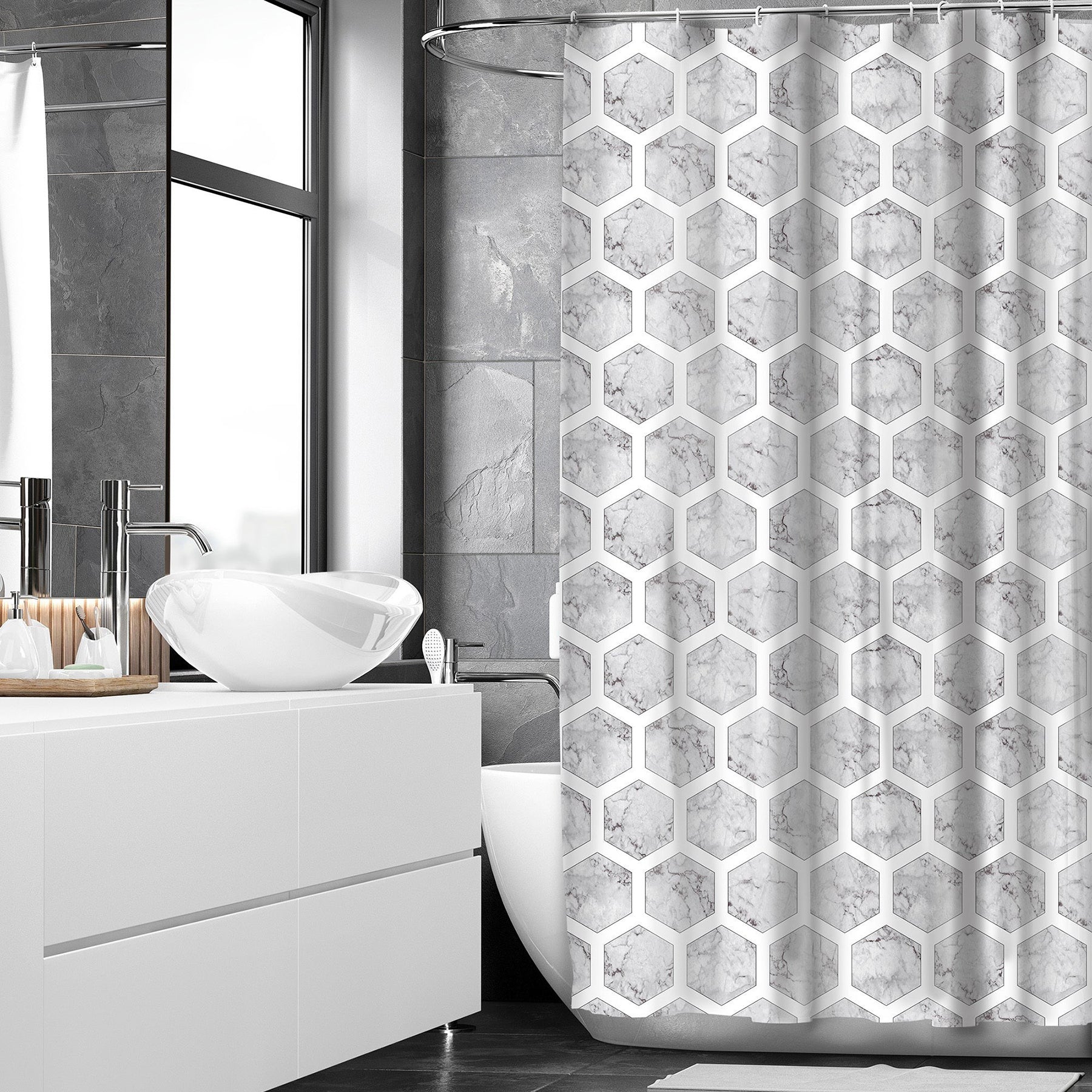Woven Textured Waffle Printed Shower Curtain 100% Polyester - Marble Hexagons 70x72in