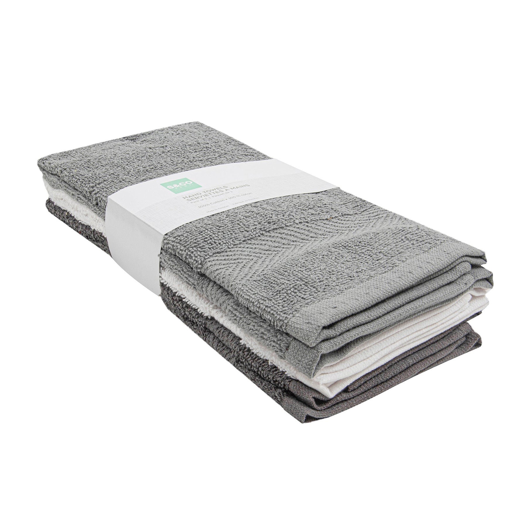 3 Woven Hand Towels 100% Cotton - Alloy, White and Casterock 16x26in