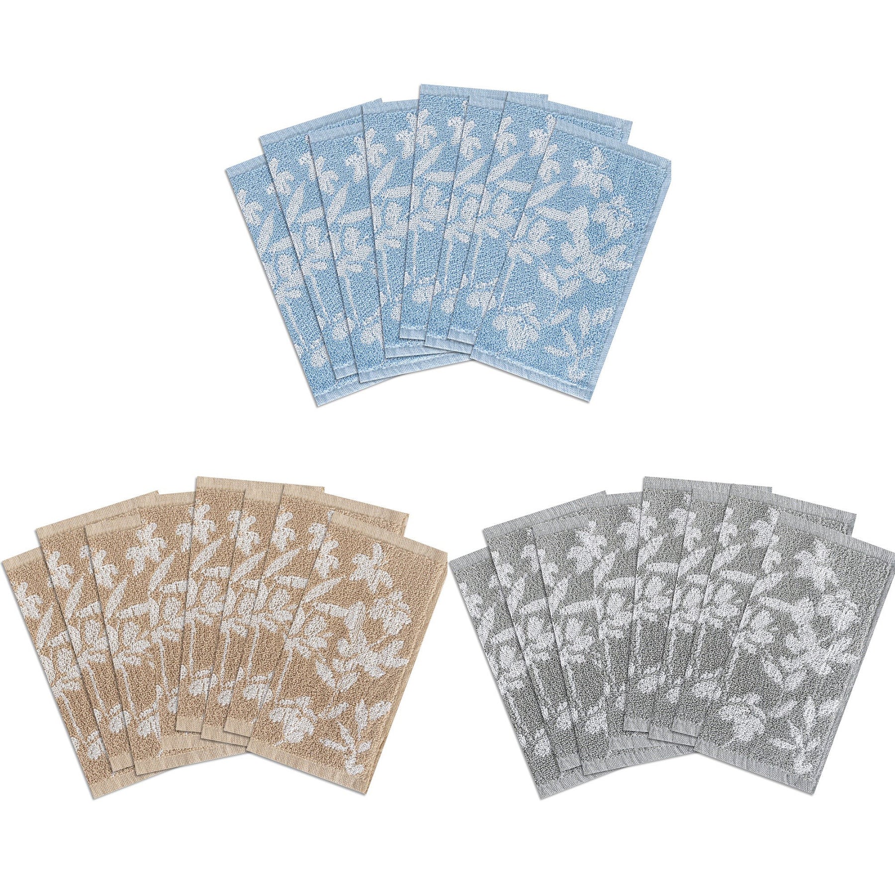 8 Woven Terry Jacquard Floral Facecloths 11x11in