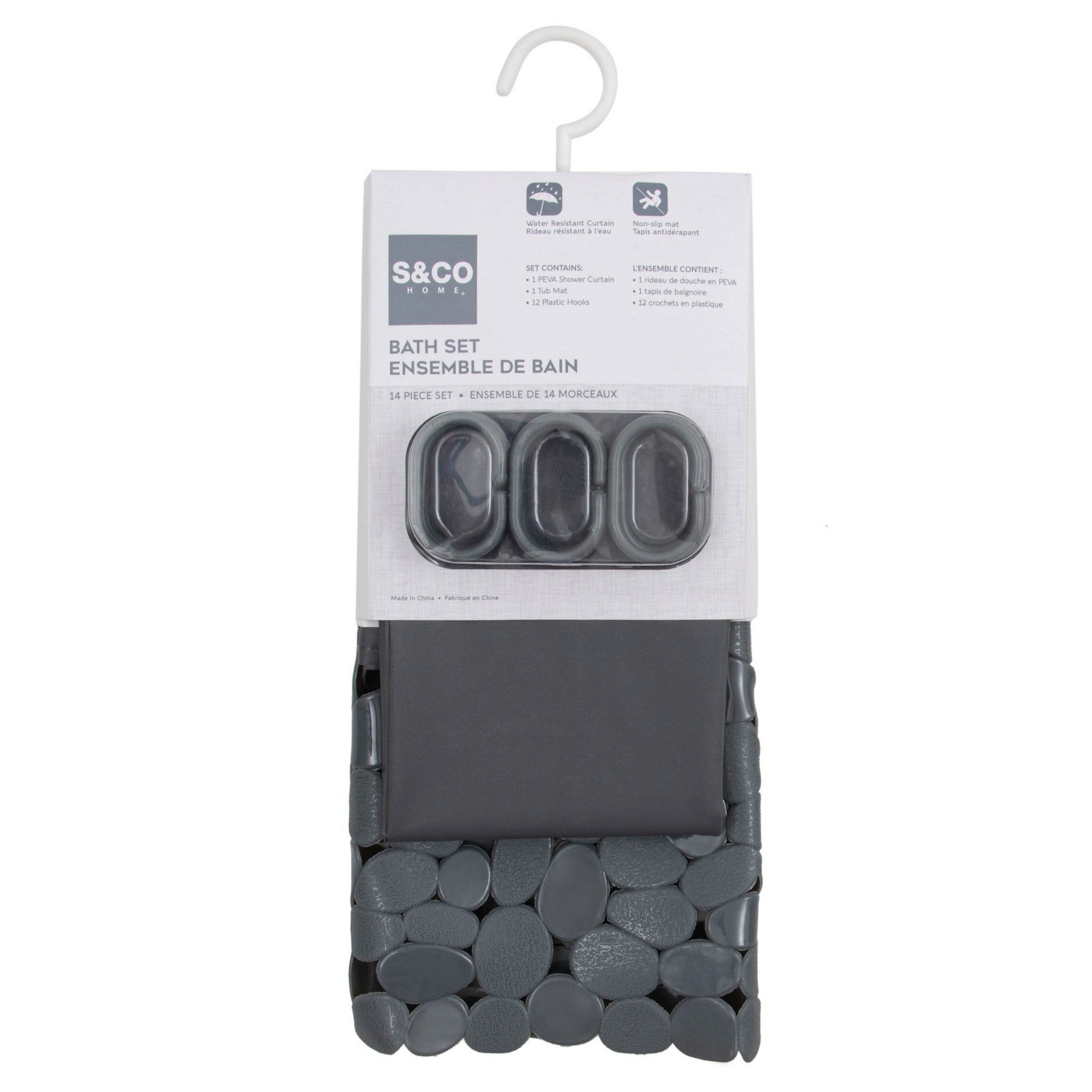 PVC Shower Curtain Bath Set 14pcs - Charcoal 71x71in