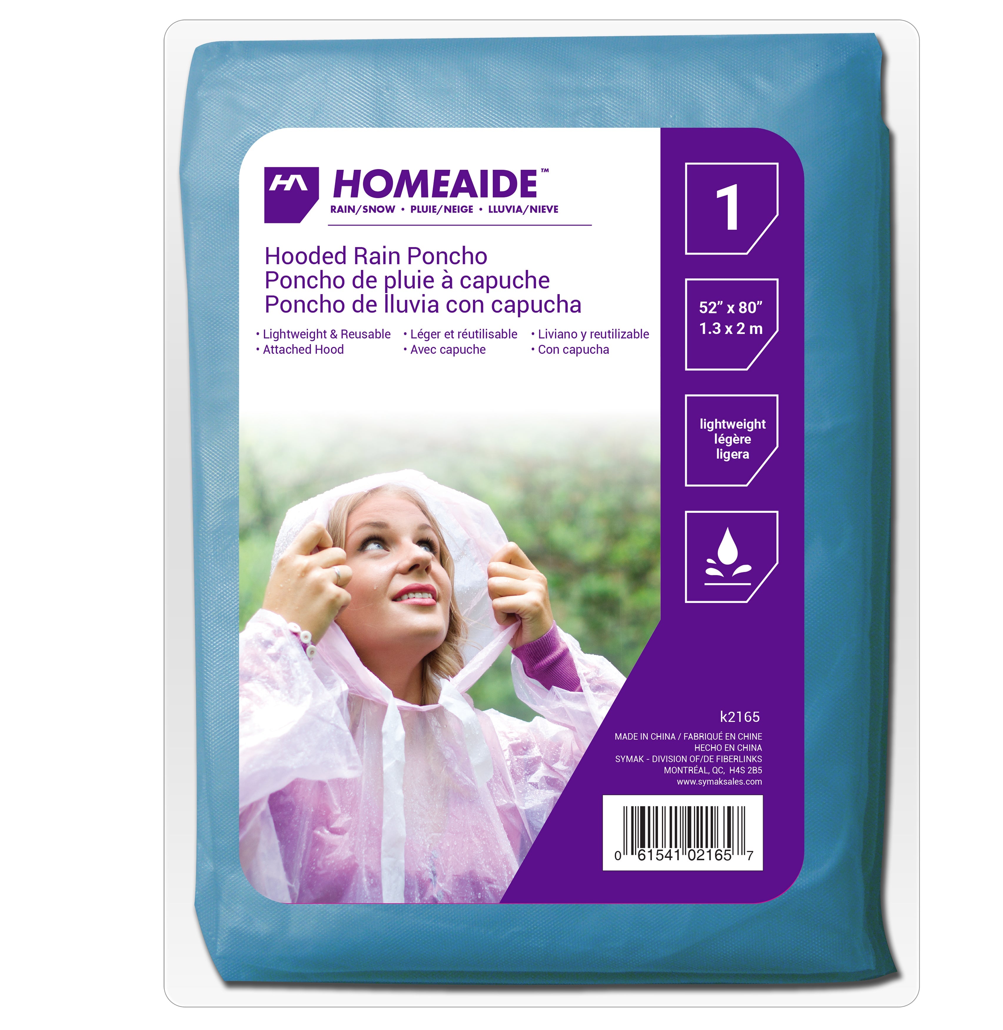 Homeaide Rain Hooded Blue Poncho 52x80in