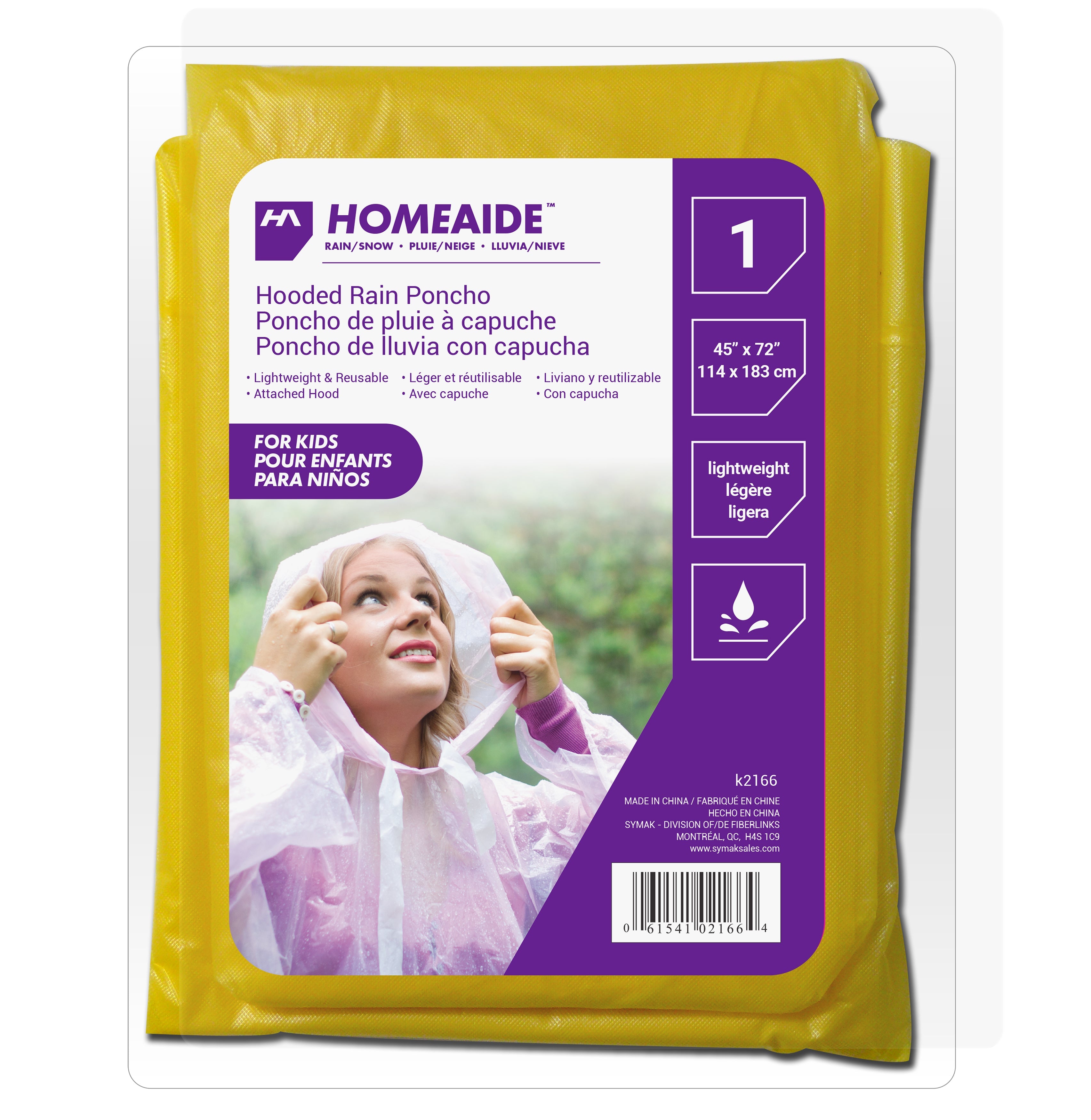 Homeaide Rain Hooded Yellow Poncho for Kids 45x72in