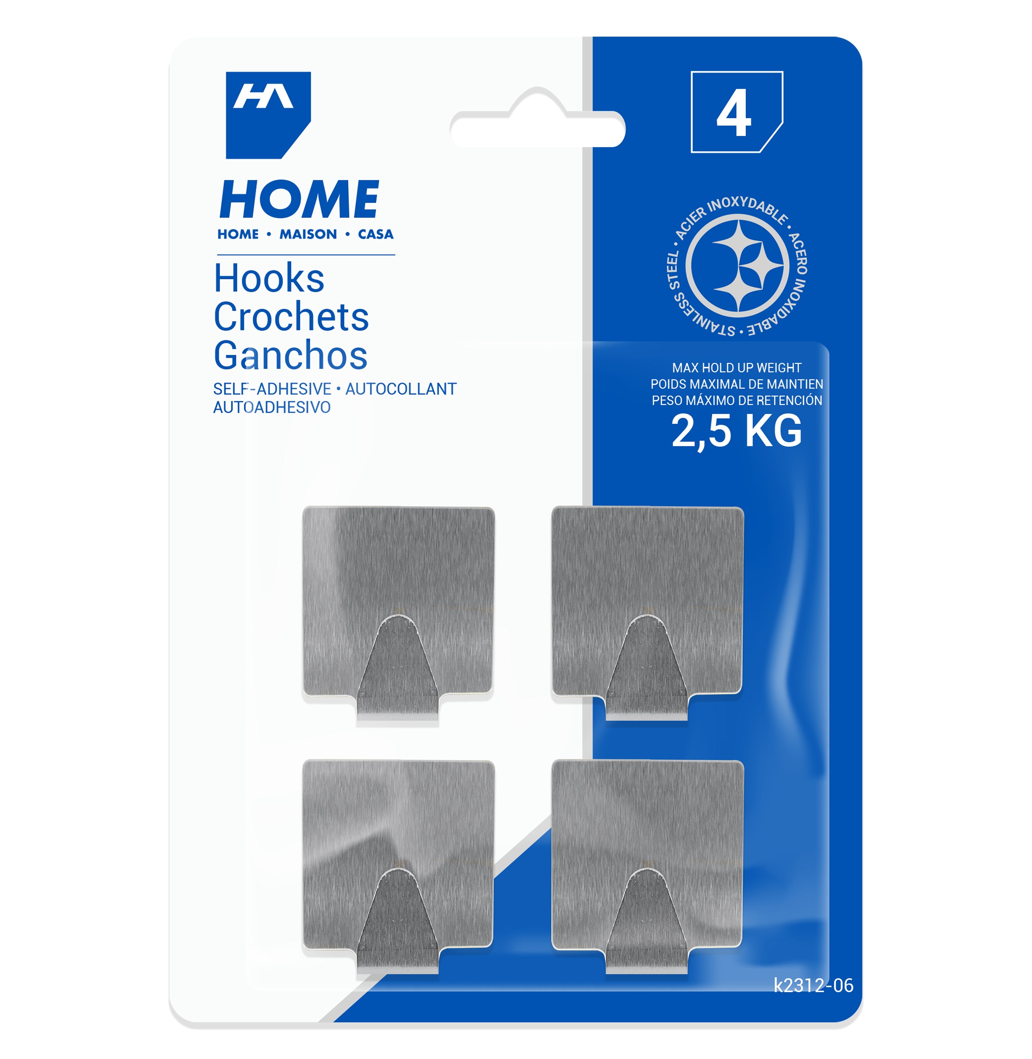 Homeaide 4 Self-adhesive Square Metal Hooks 1.6x1.4in
