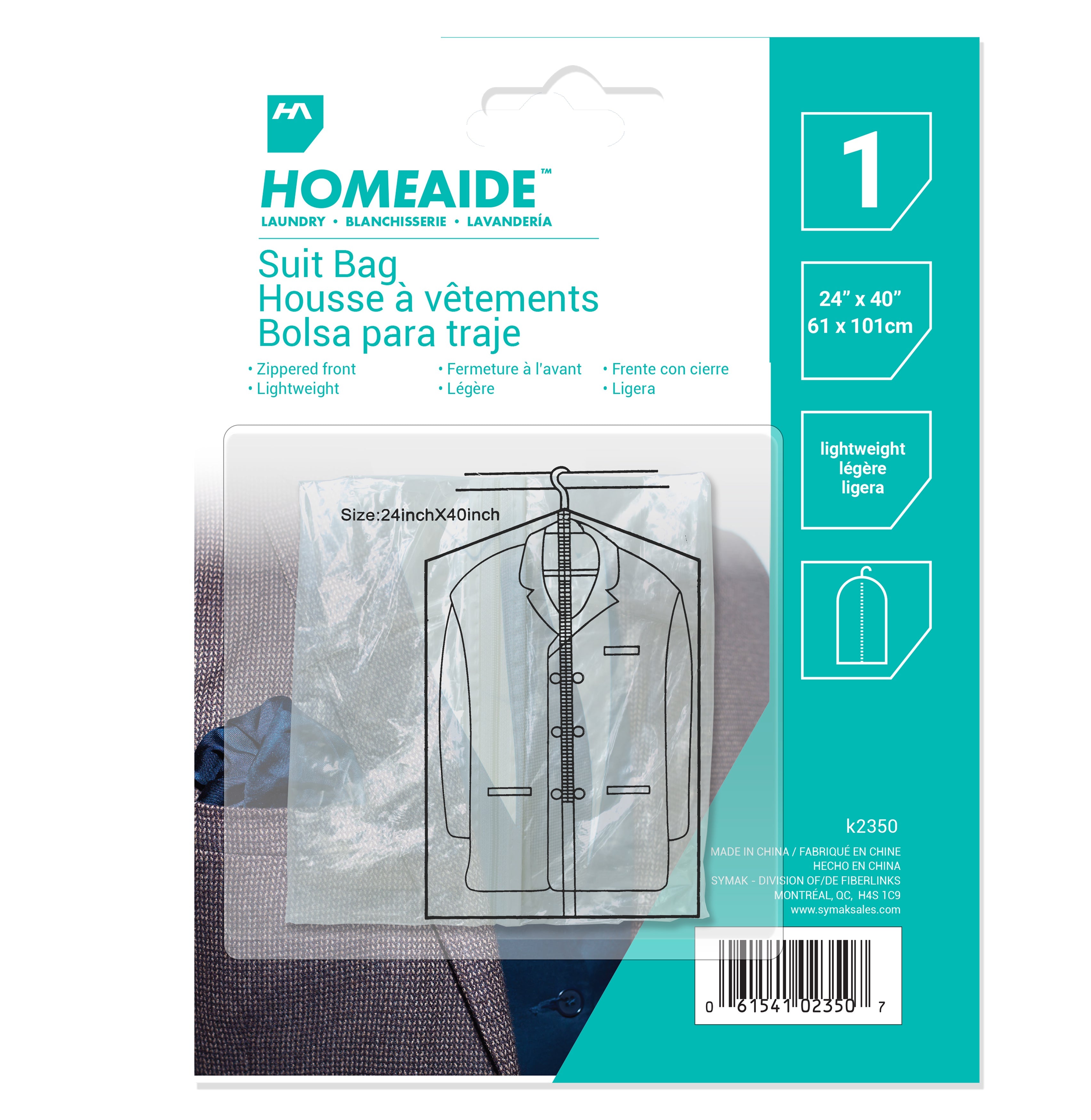 Homeaide Laundry Clear Plastic Suit Bag 24x40in
