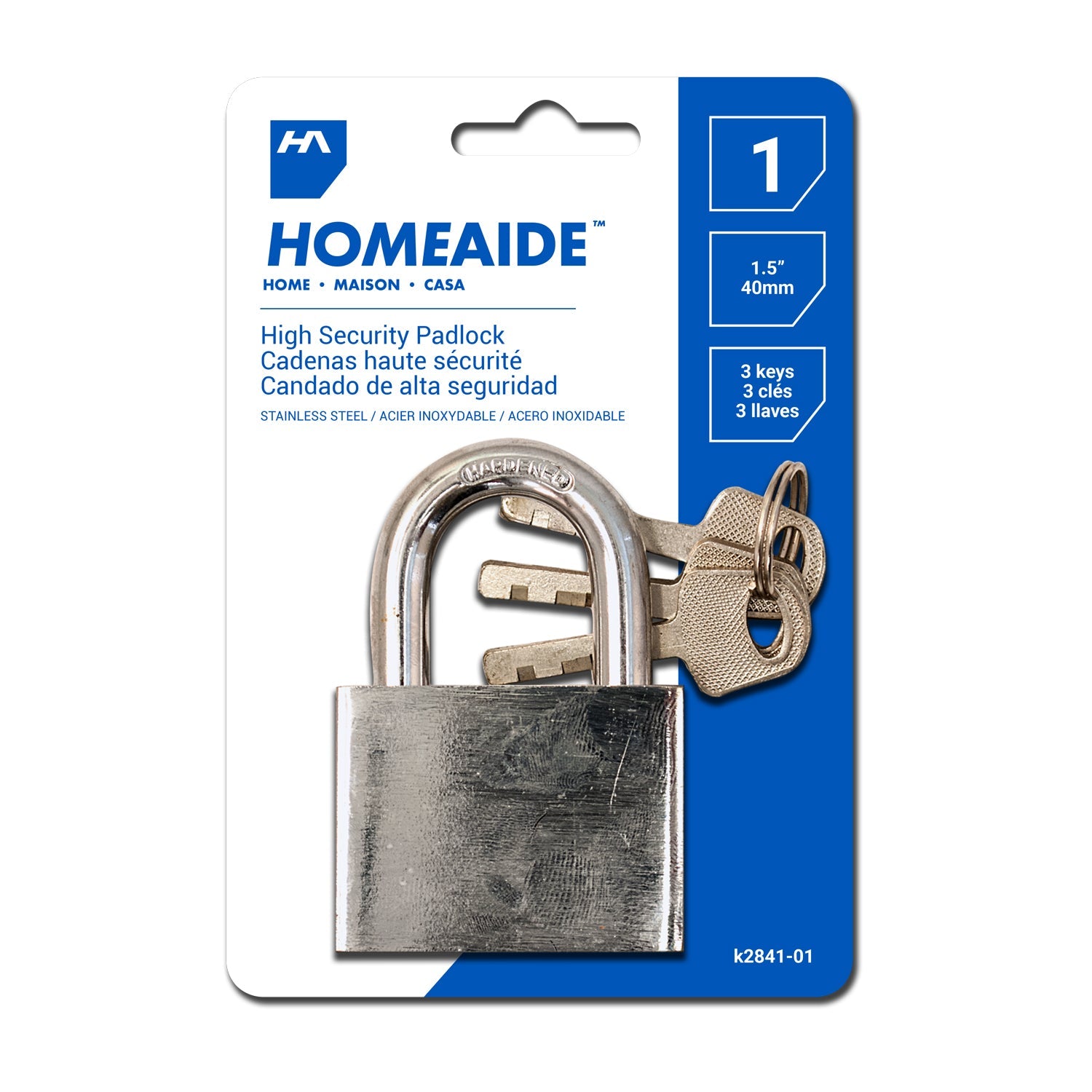 Homeaide Stainless Steel High Security Padlock with 3 Keys 1.5in (40mm)