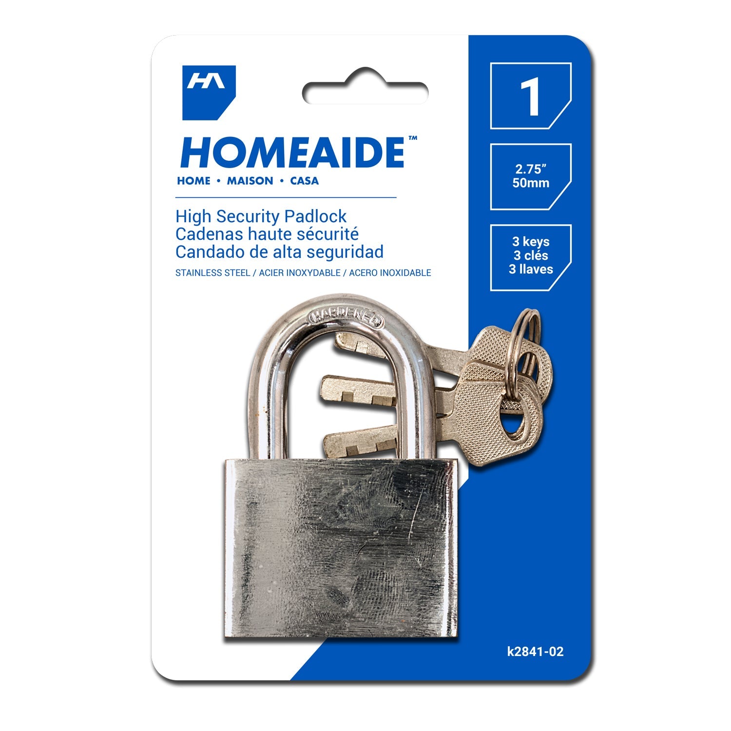 Homeaide Stainless Steel High Security Padlock with 3 Keys 2.75in (50mm)