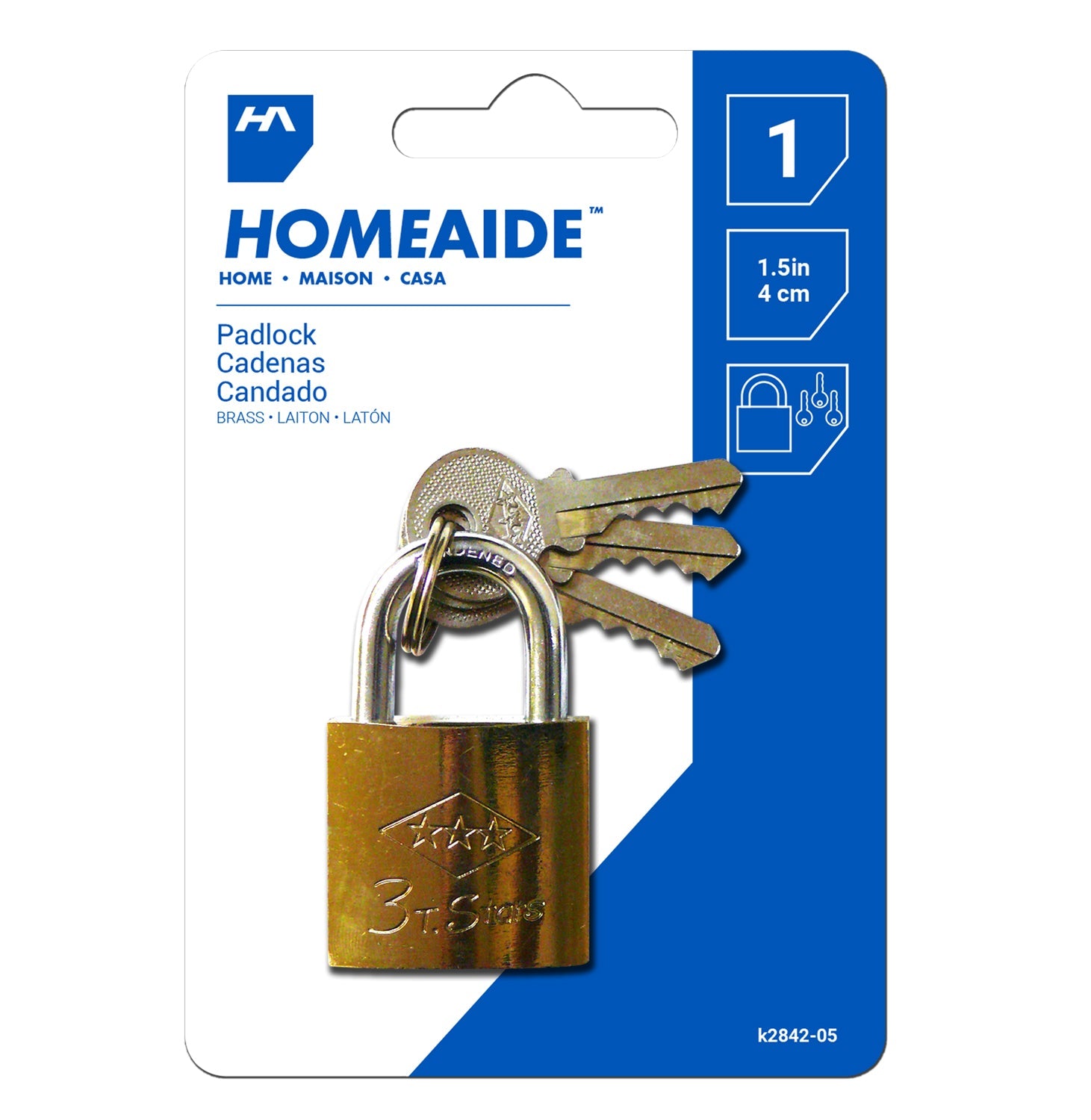 Homeaide Brass Padlock with 3 Keys 1.5in (40mm)