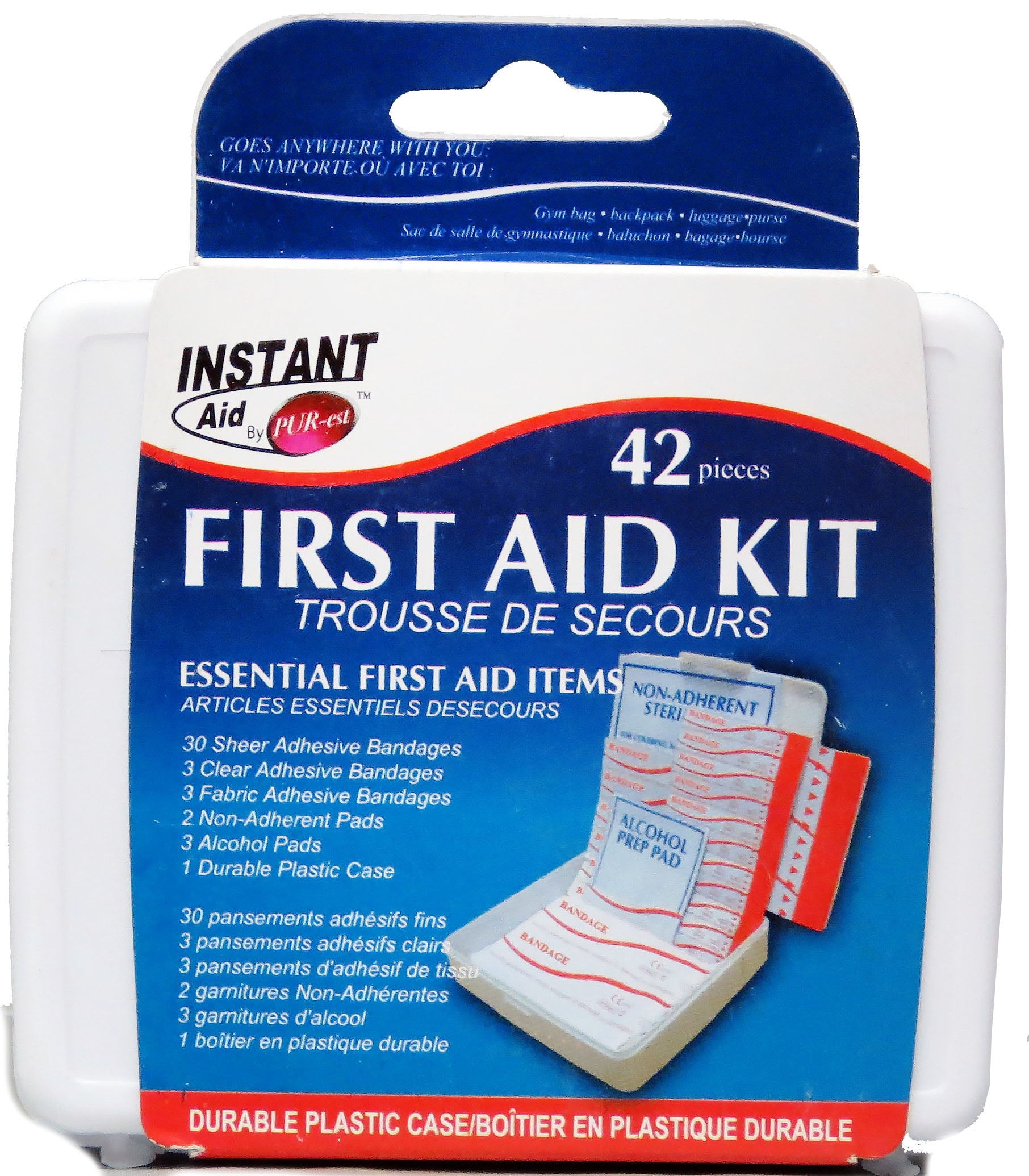 Instant Aid First Aid Kit 42pcs - Durable Plastic Case 4x3.25x1in