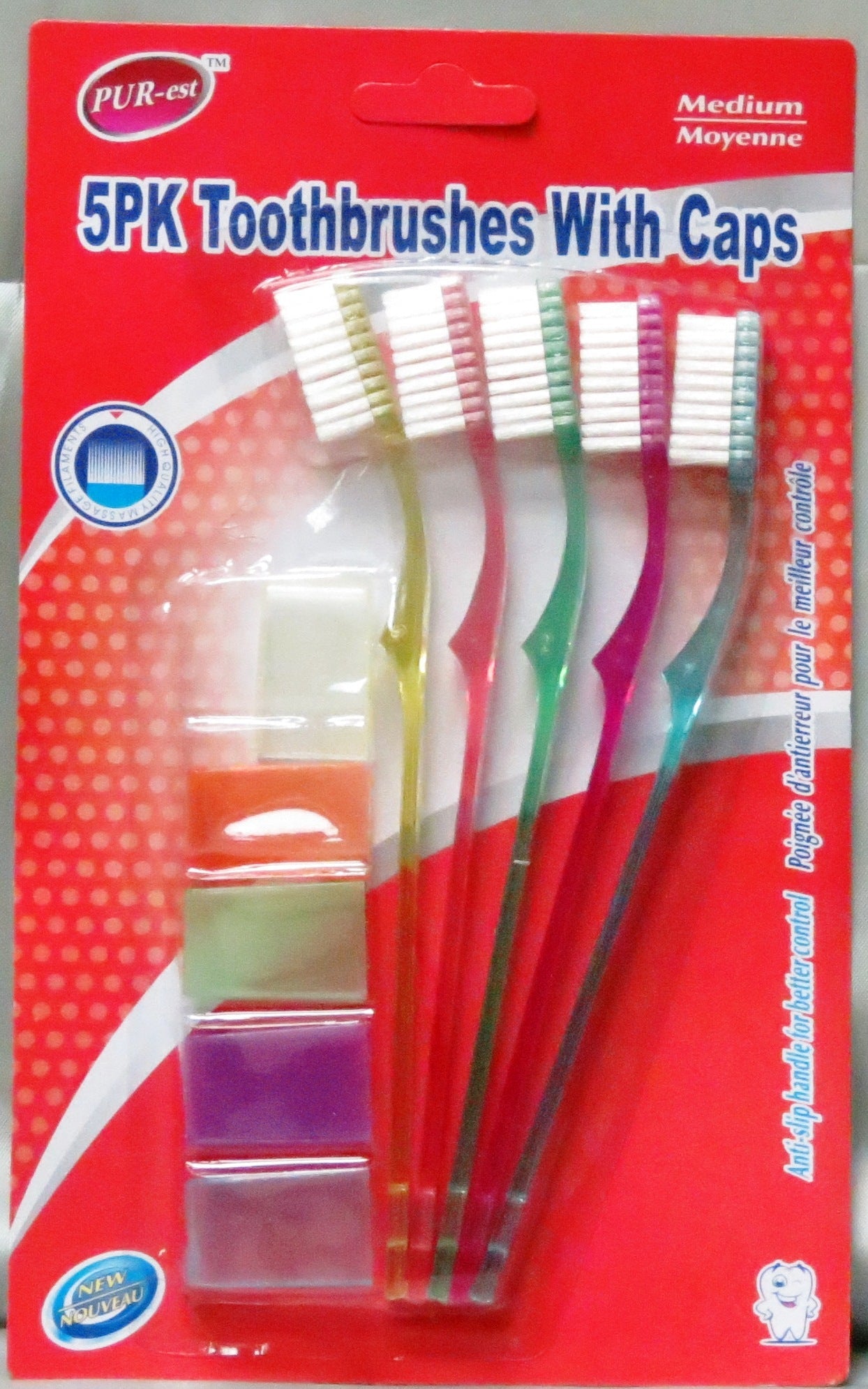 Pur-Est 5 Toothbrushes with Caps for Adult - Medium