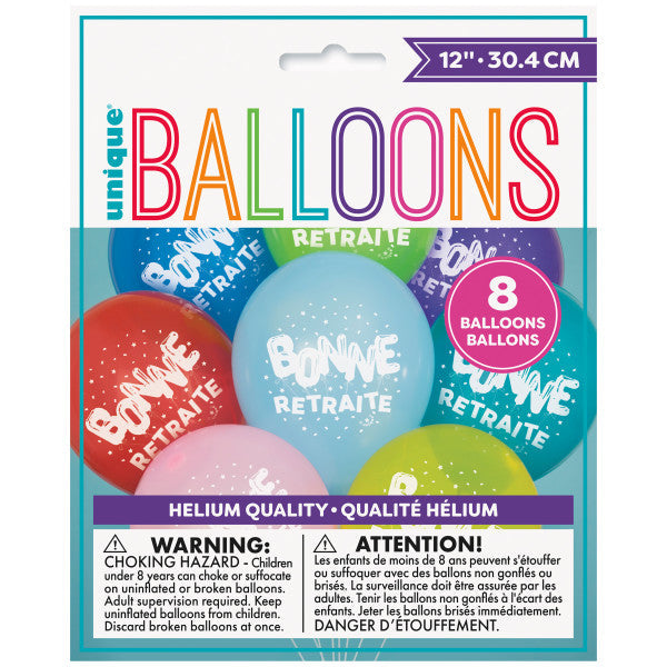 Bonne Retraite 8 Printed Latex Balloons Assorted Colors 12in