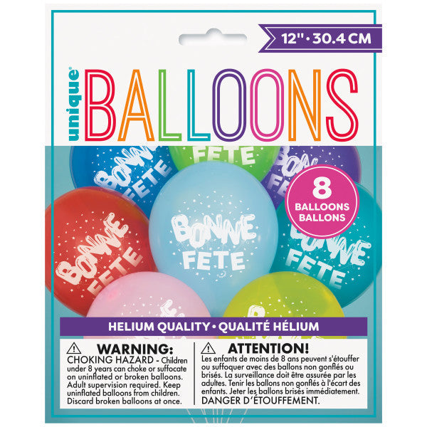 Bonne Fête 8 Printed Latex Balloons Assorted Colors 12in