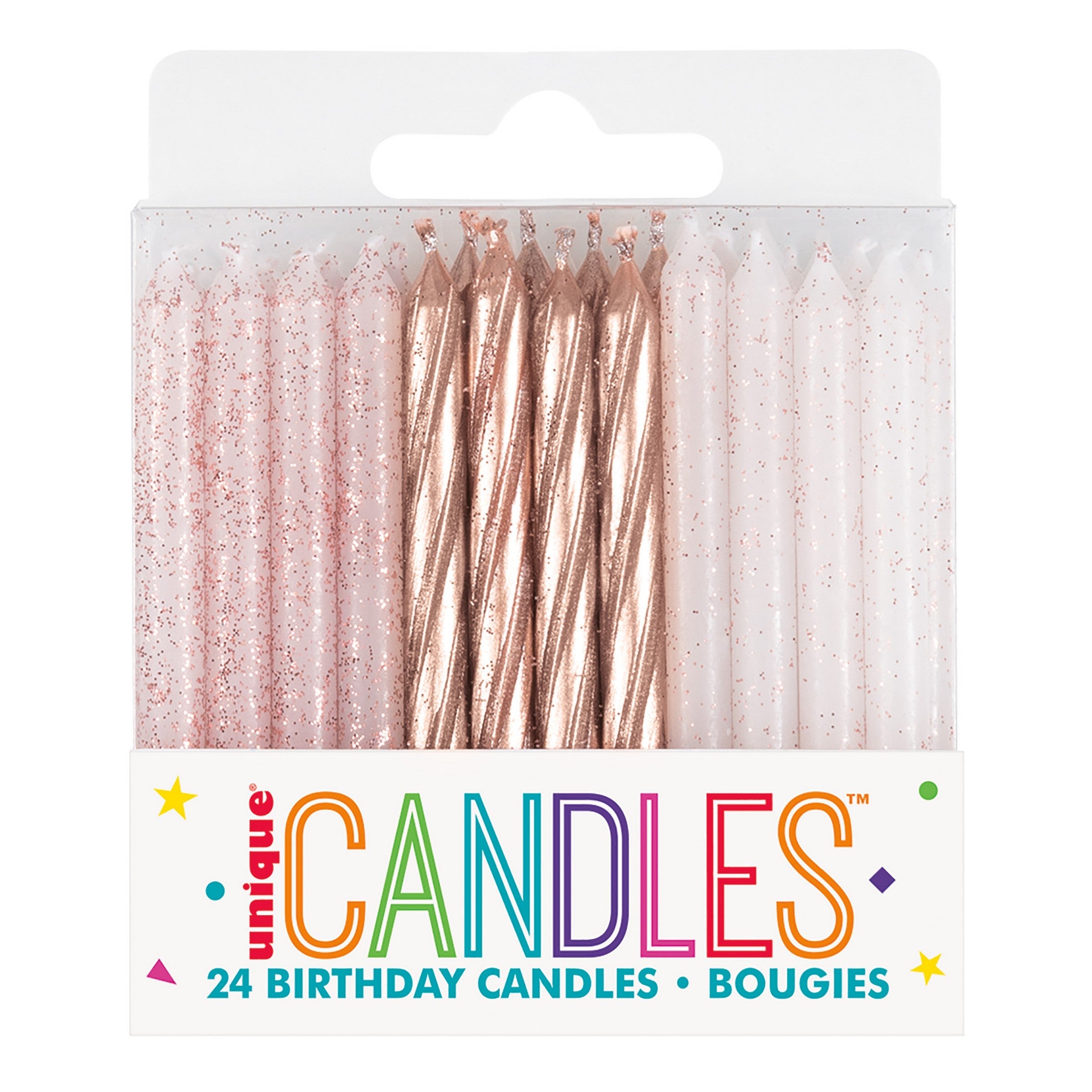 24 Rose Gold Glitter Spiral Candles 2.75in