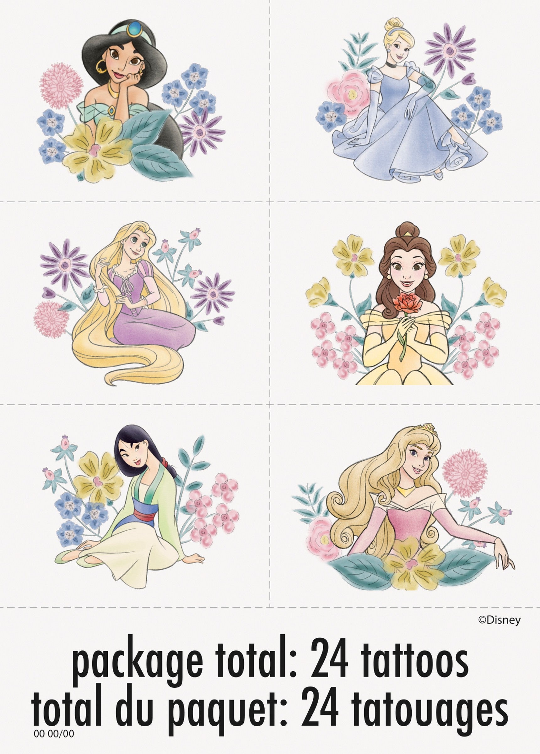 Disney Princess 24 Temporary Tattoos 1.5x2in each