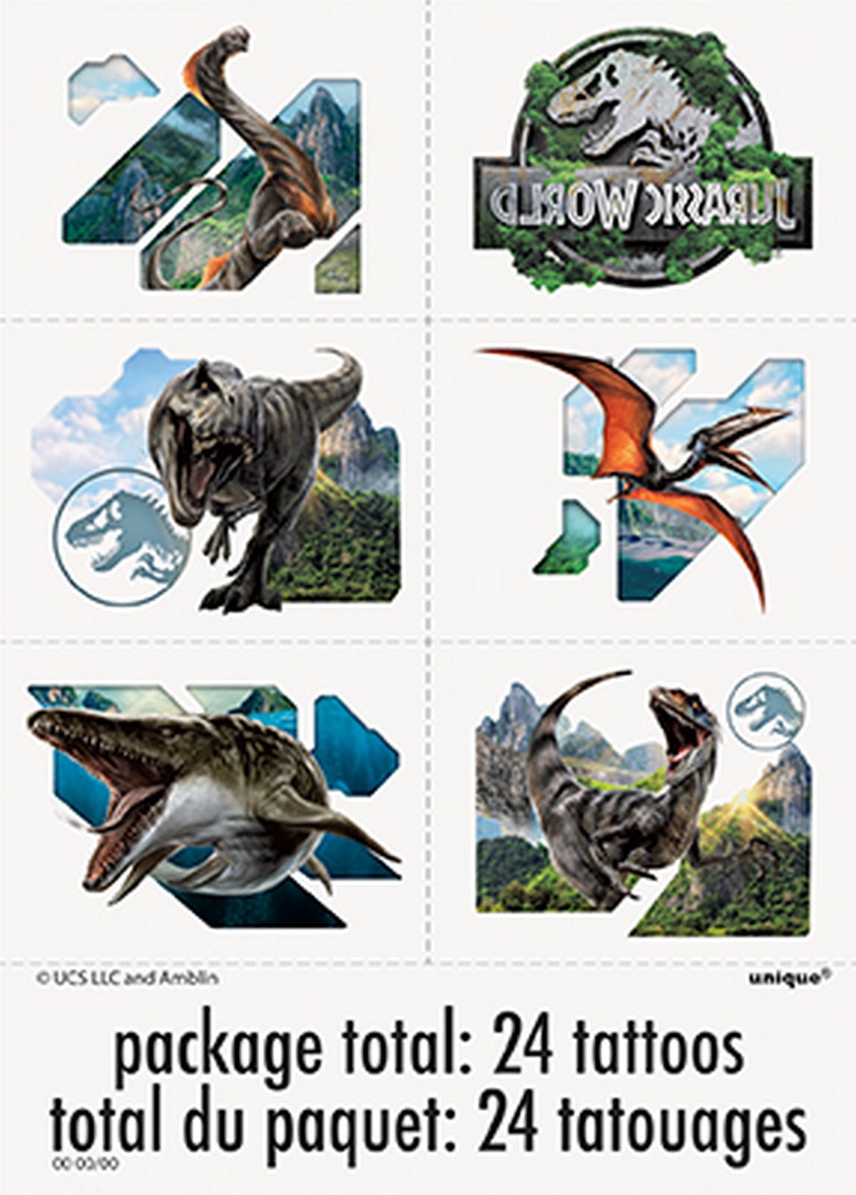 Jurassic 24 tatouages temporaires 1.5x2po chacun