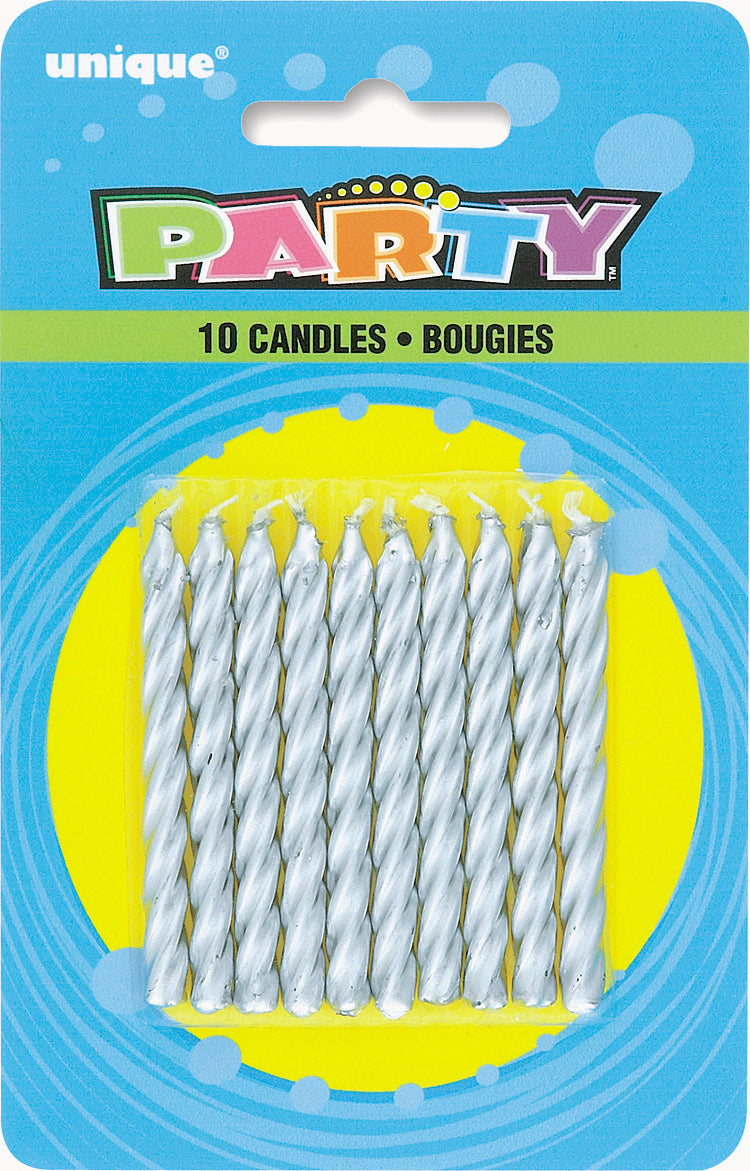 10 Silver Spiral Birthday Candles 2.4in