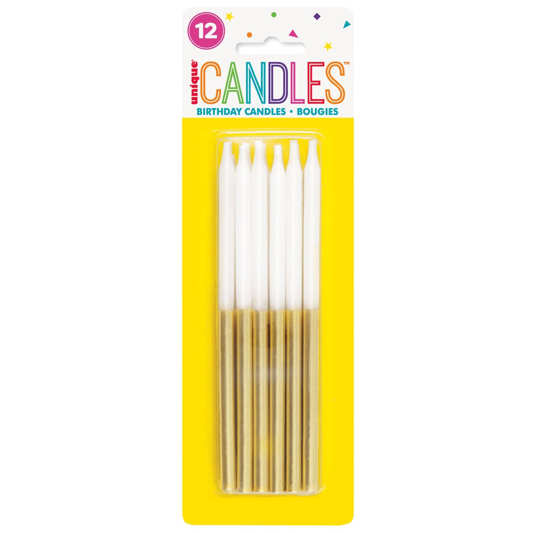 12 White and Gold Birthday Candles 5in