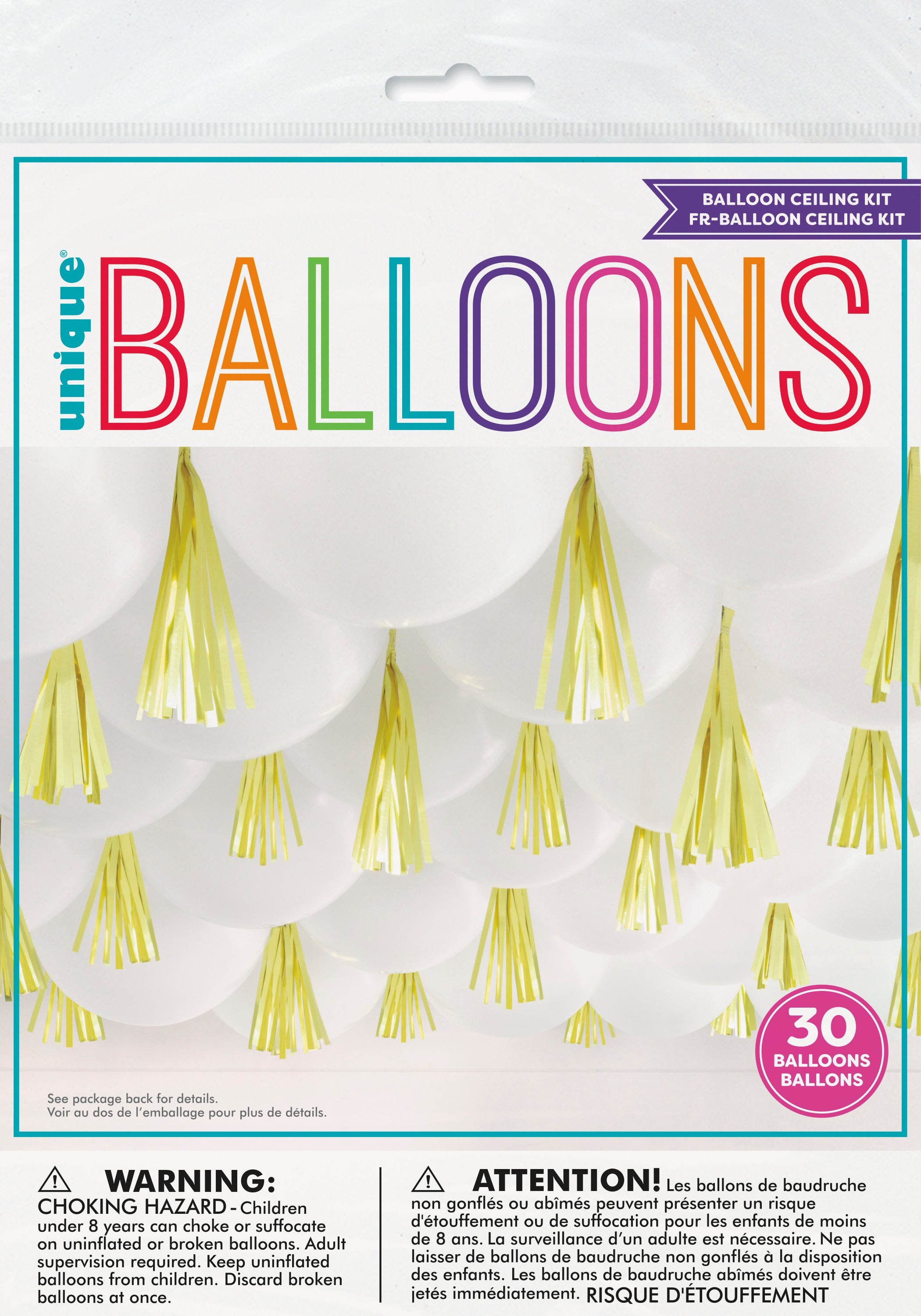 White Balloon Ceiling Kit - 30-12in Balloons with 8in Tassels Gold Tails