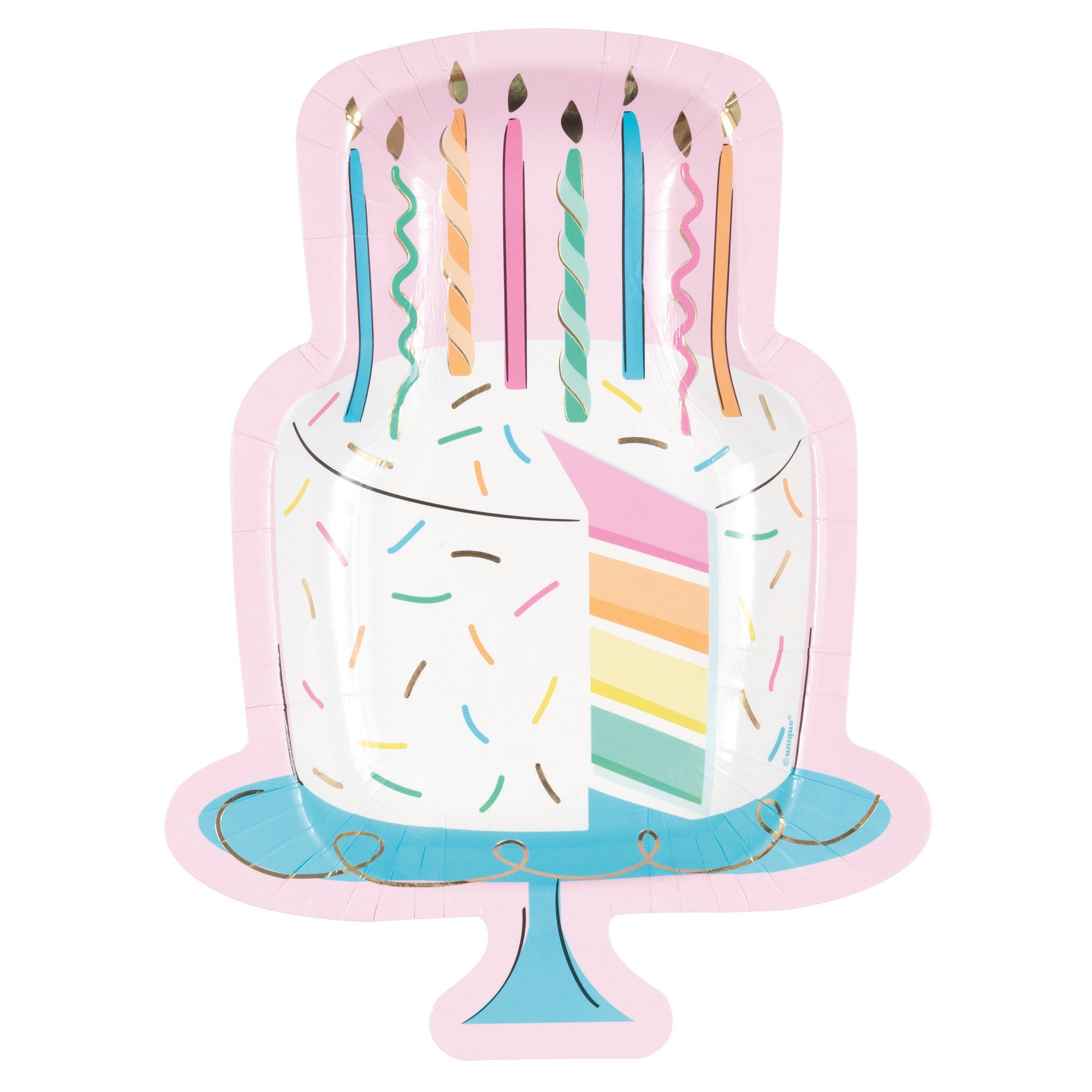 Rainbow Birthday Sweets 8 Cake Shaped Paper Plates with Foil 9.25in
