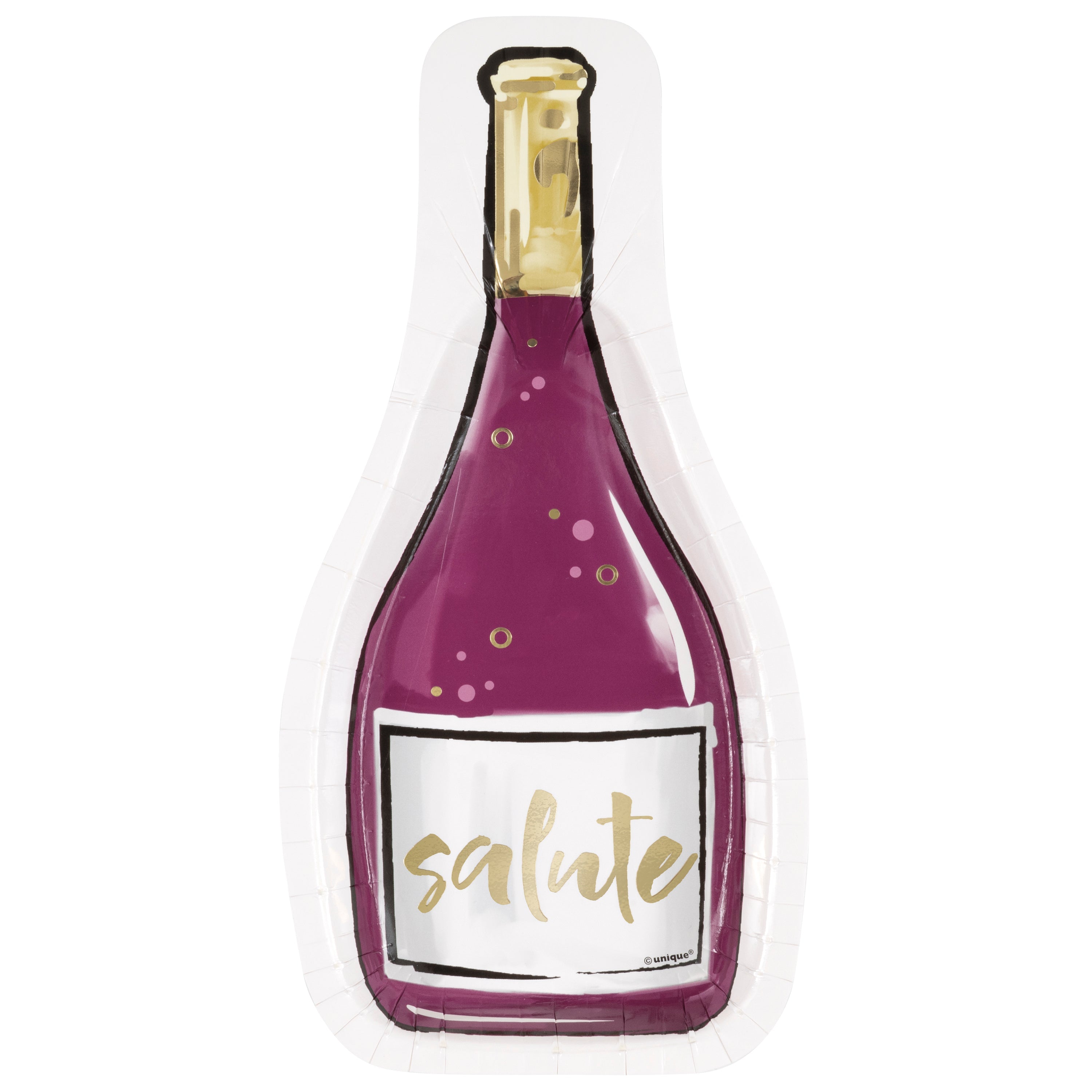 Modern Gold and Purple 8 Wine Bottle Shaped Paper Plates with Foil 10.5x5.5in