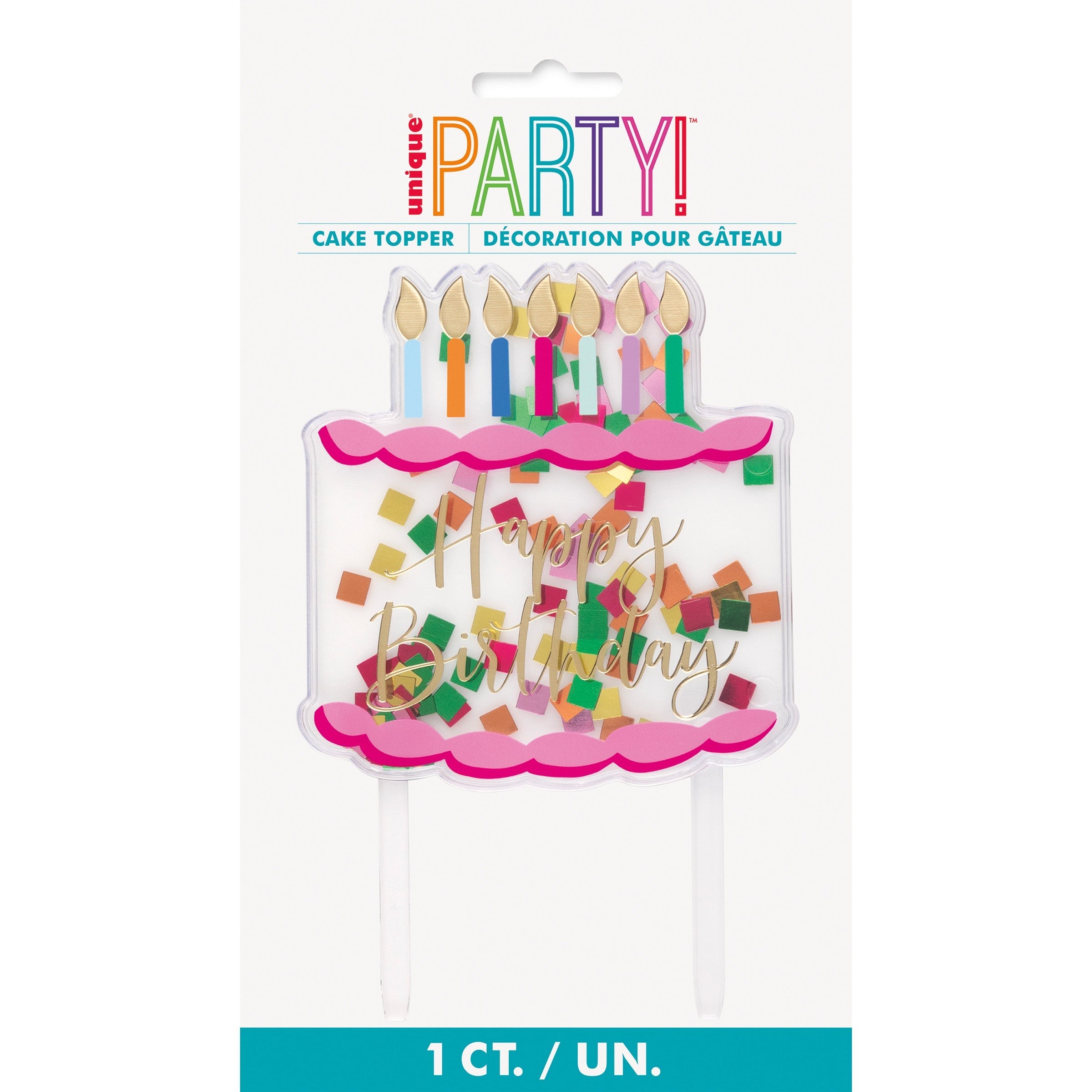 Happy Birthday Confetti Filled Acrylic Cake Topper 4x4.25in