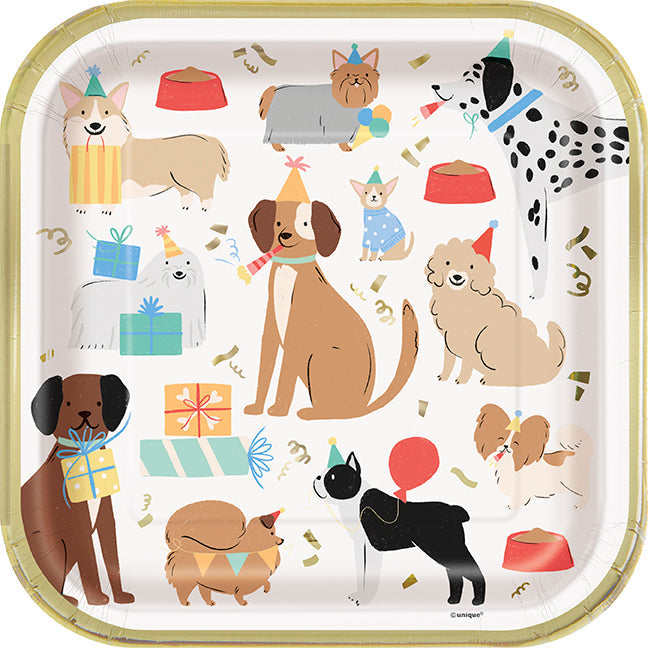Paw Party 8 Square Paper Dog Print Plates with Foil 9in