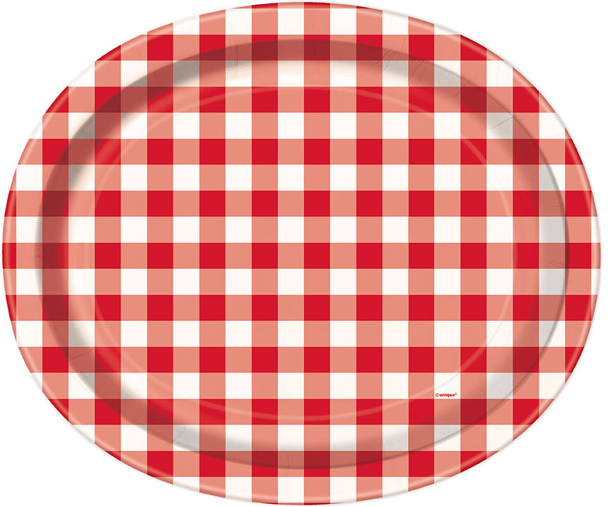 Red Gingham 8 Oval Paper Plates 12x10in
