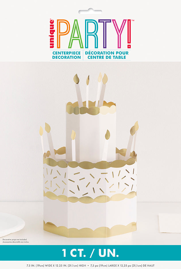 Gold Party Cake Shaped Pop-up Centerpiece with Gold Foil Trim 7.5x12.25in