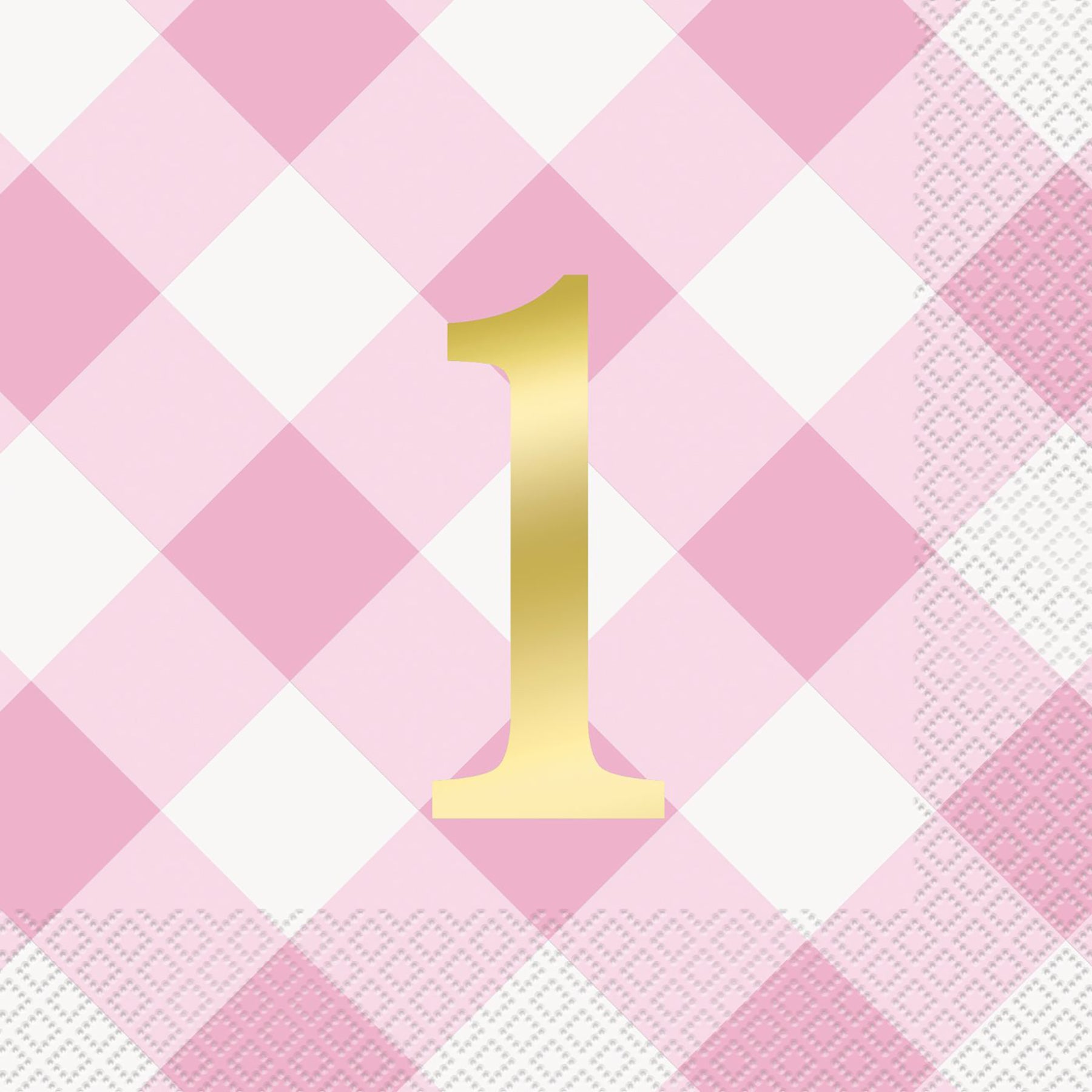 Pink Gingham First Birthdaty 16 Foil Accent Luncheon Napkins 2 Ply 12.75x12.75in