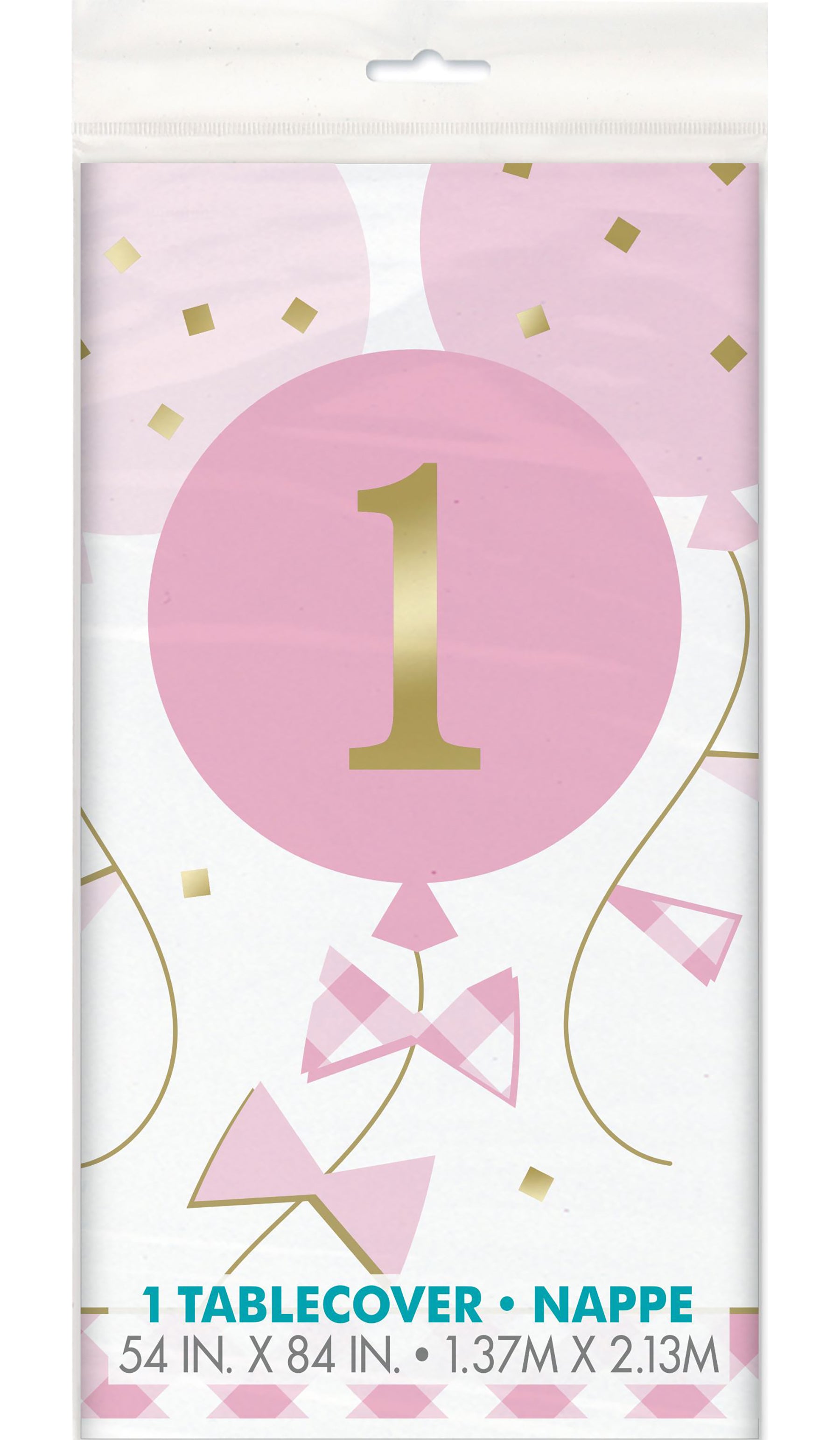 Pink Gingham First Birthdaty Plastic Tablecover 54x84in