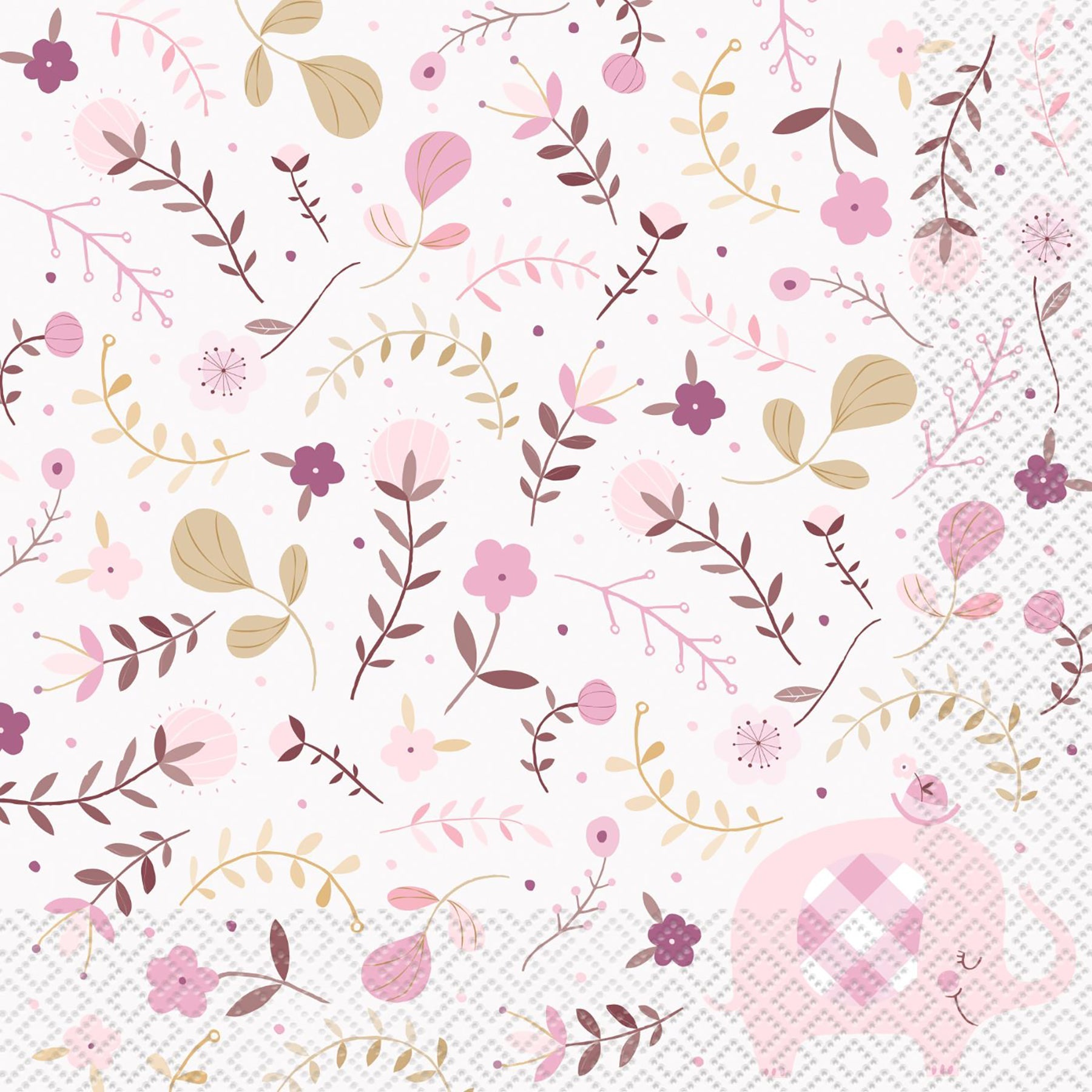 Pink Floral Elephant 16 Luncheon Napkins 2 Ply 12.75x12.75in