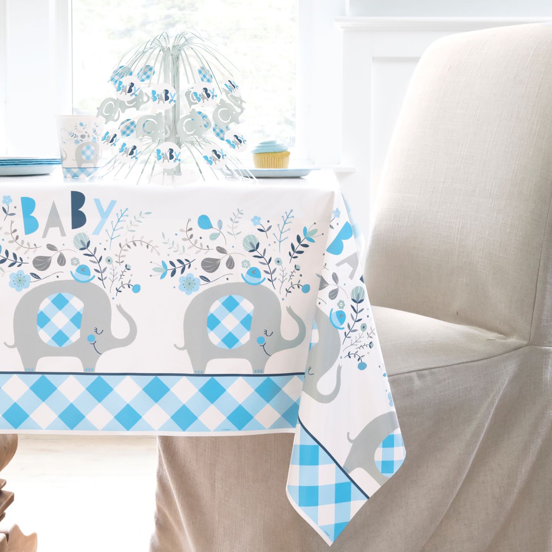 Blue Floral Elephant Plastic Tablecover 54x84in