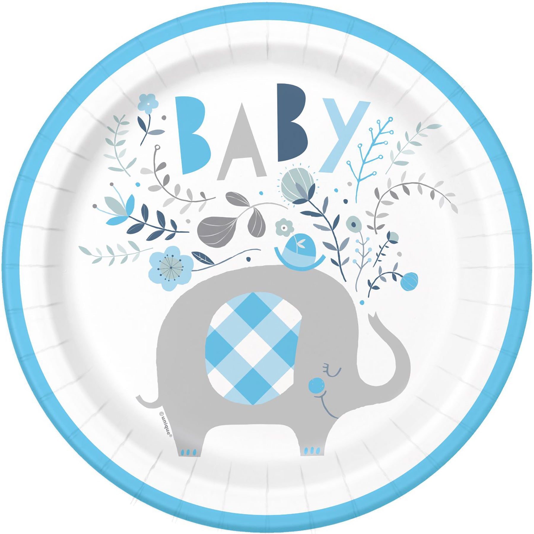 Blue Floral Elephant 8 Round Paper Plates 9in