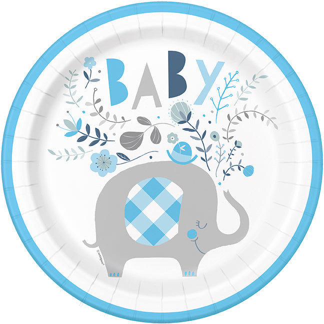 Blue Floral Elephant 8 Round Paper Plates 9in