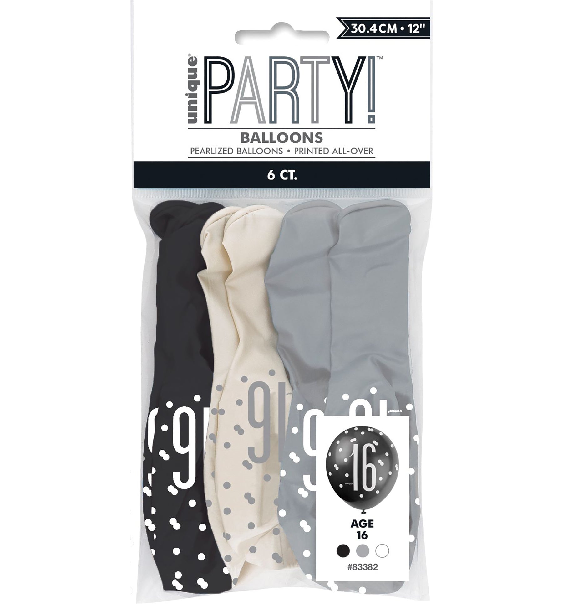 Age 16 Black 6 Latex Balloons 12in