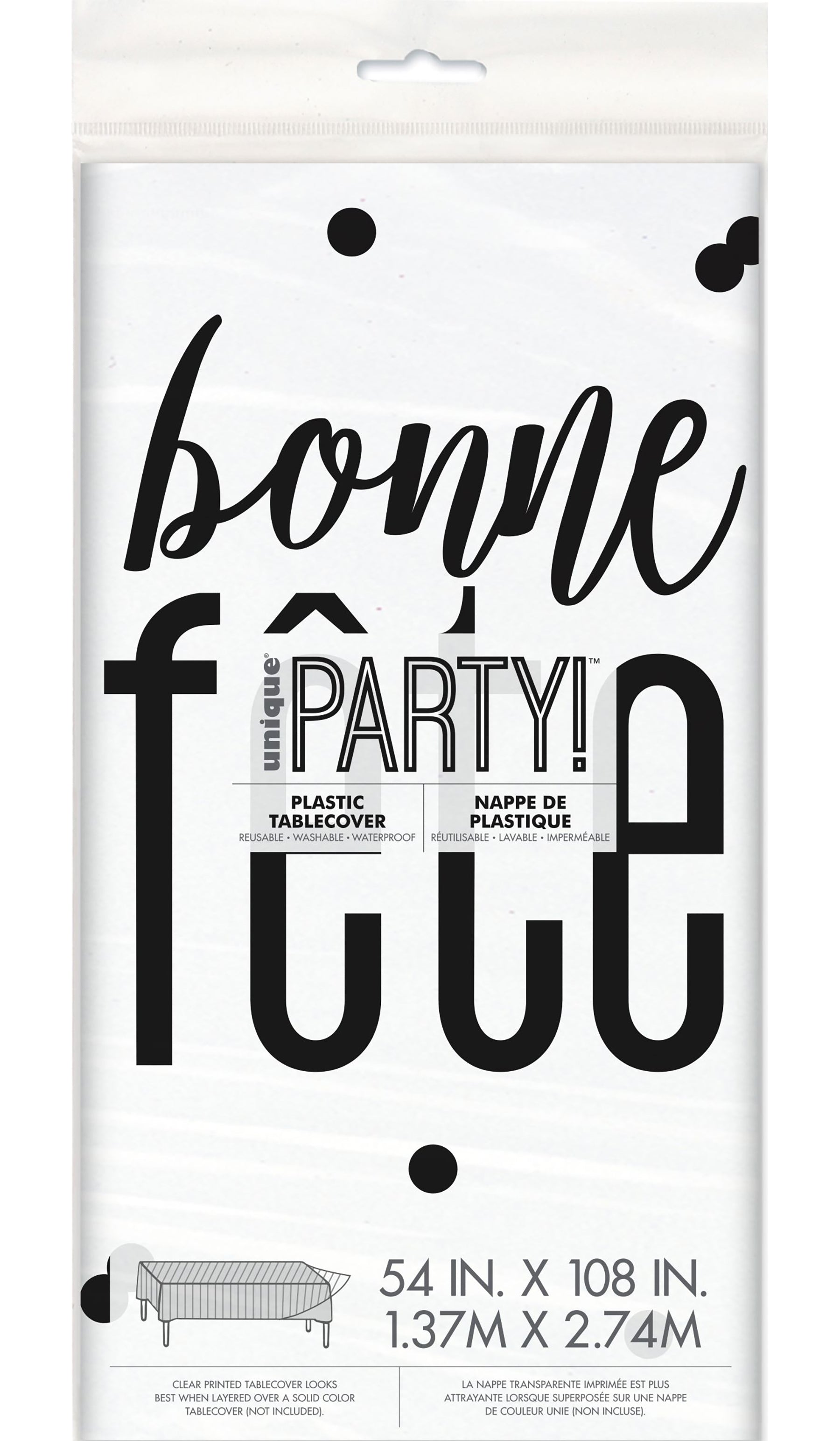 Bonne Fête Black and Silver Plastic Tablecover 54x108in