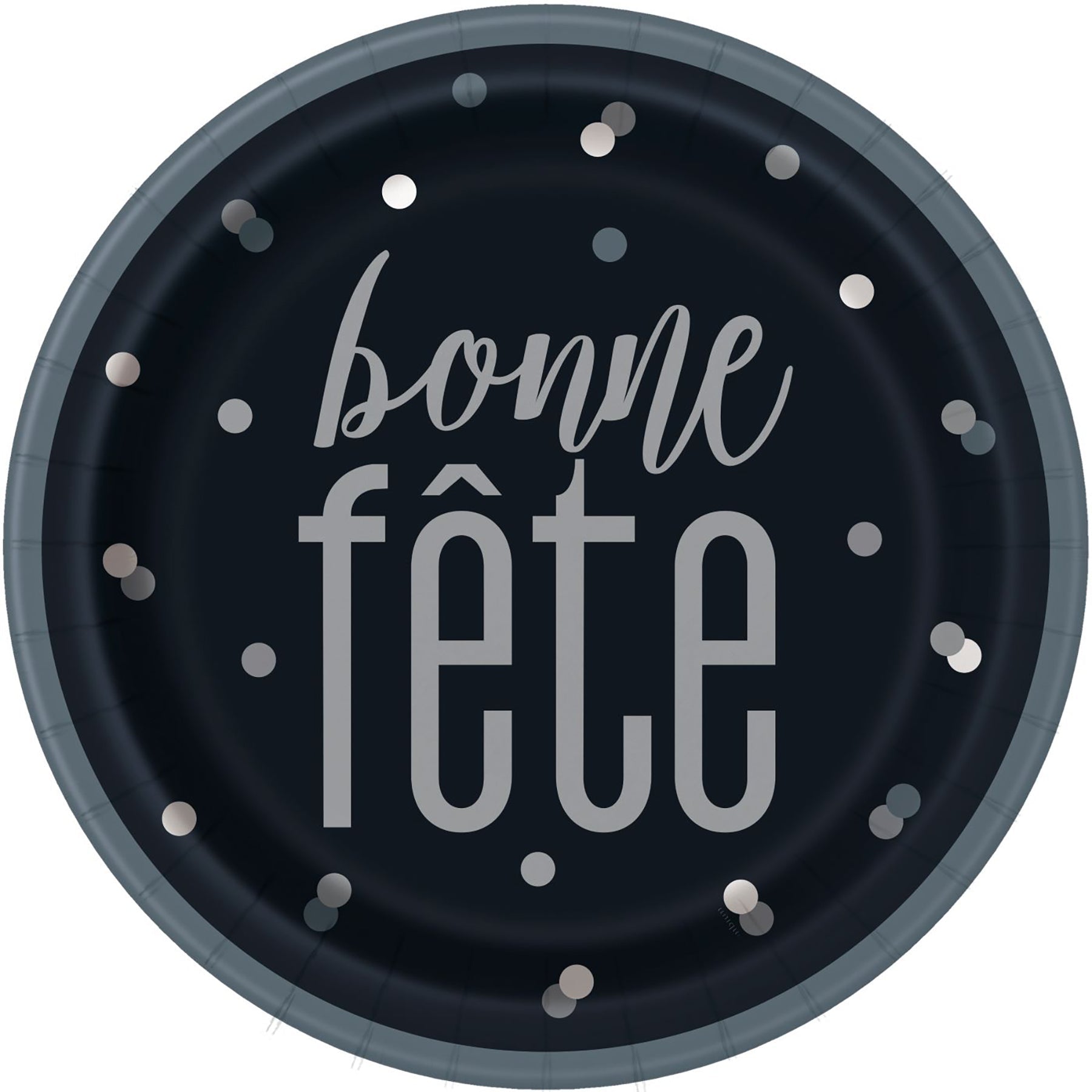 Bonne Fête Black and Silver 8 Round Paper Plates 9in