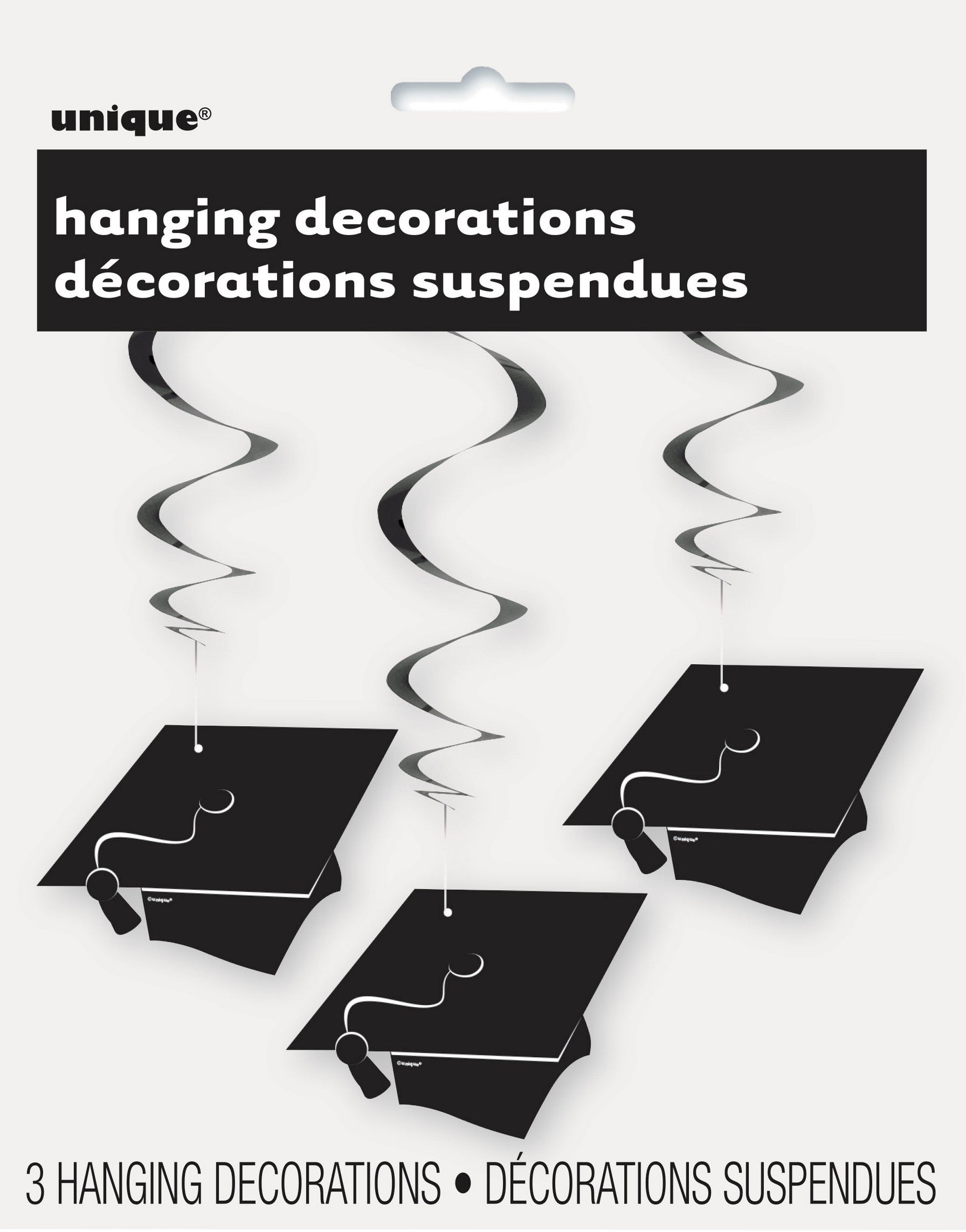 Graduation Black Caps Hanging Swirl Decorations 3pcs 26in