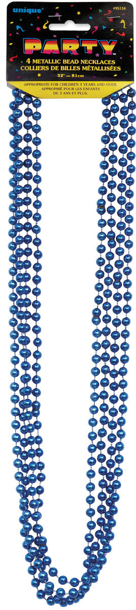 4 Blue Metallic Bead Necklaces 32in