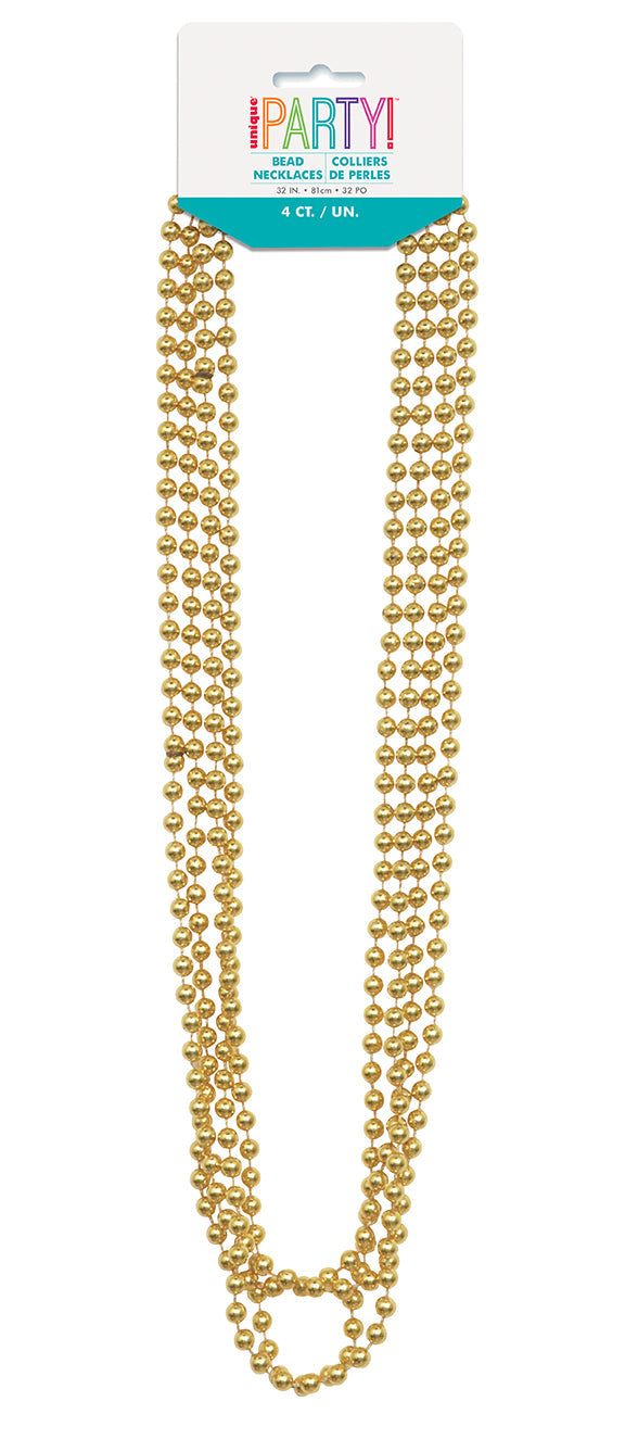 4 Gold Metallic Bead Necklaces 32in