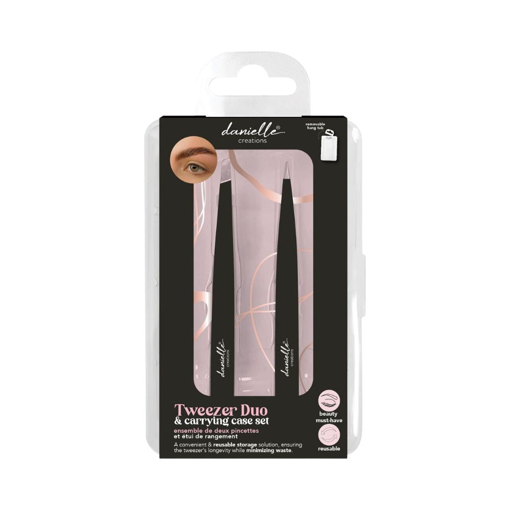 Danielle Creations 2pcs Tweezer Set with Plastic Carrying Case - Black 3.2x4.75in