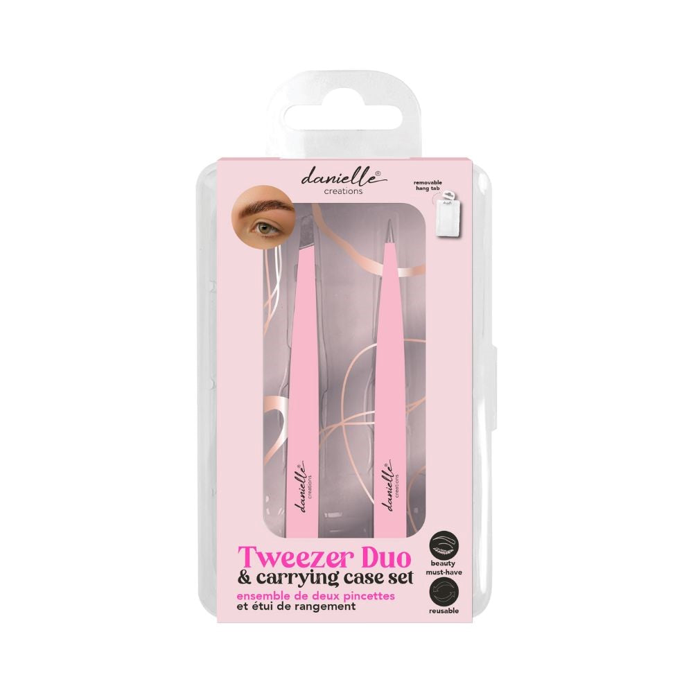 Danielle Creations 2pcs Tweezer Set with Plastic Carrying Case - Pink 3.2x4.75in