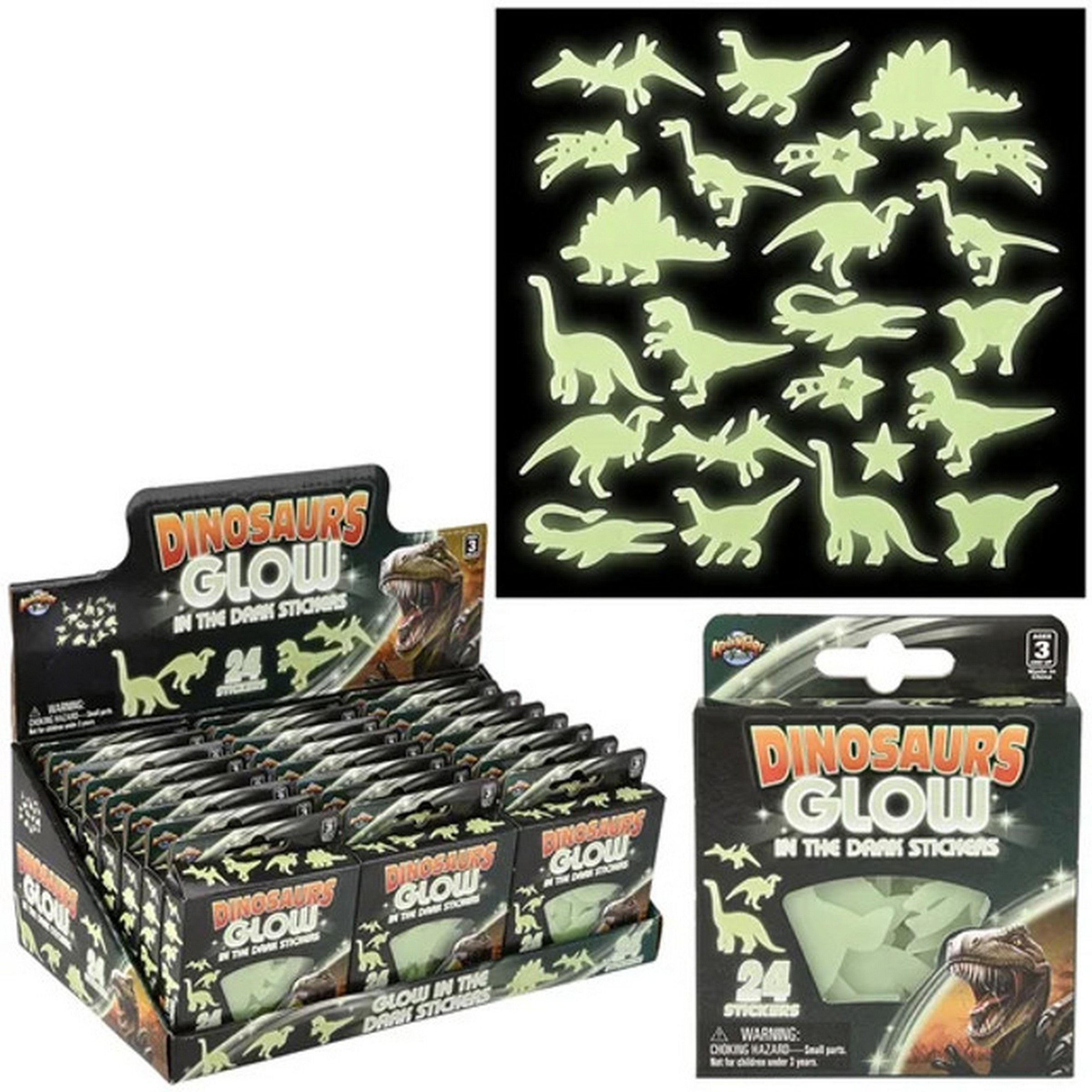 24 Glow in the Dark Stickers - Dinosaurs 2in - 2.75in Age 3+