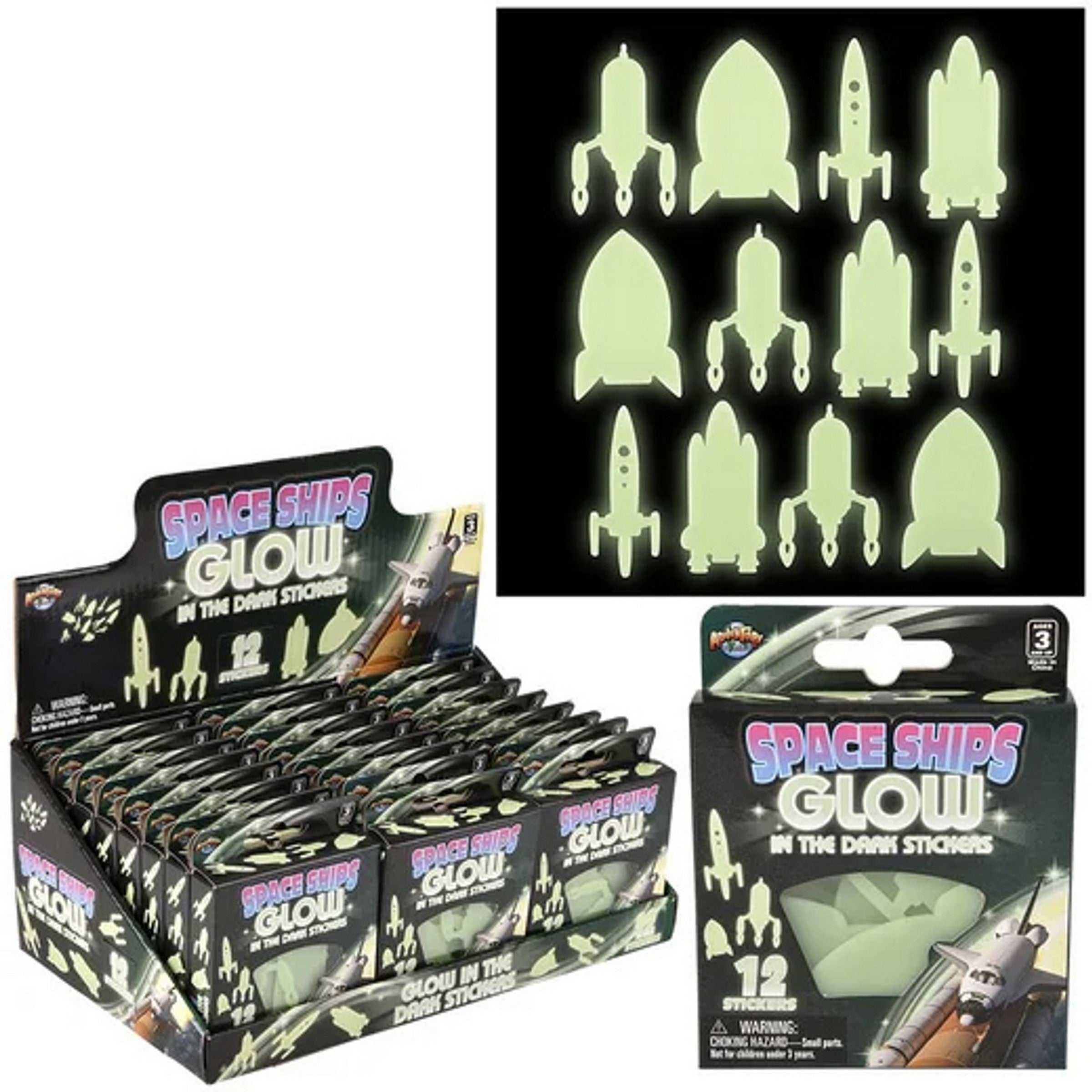 12 Glow in the Dark Stickers - Space Ships 2.6in - 2.75in Age 3+