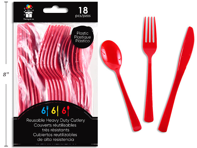 Ensemble de Couverts en Plastique Réutilisables Rouge, 18 Pièces Assorties