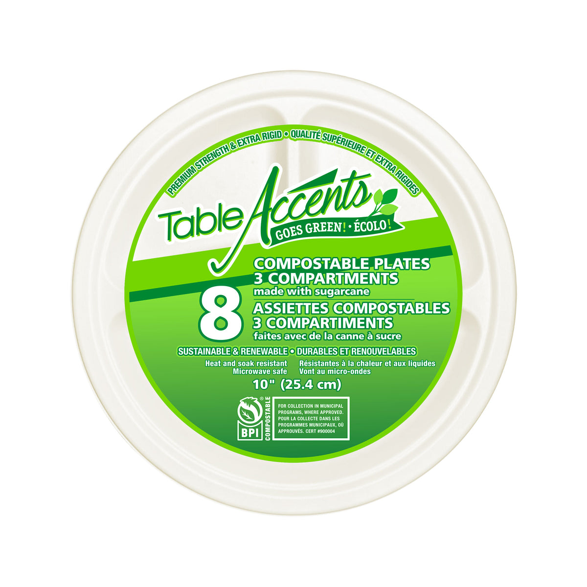 Table Accents Compostable Plates, 10in, 3-Compartment, 8-Pack