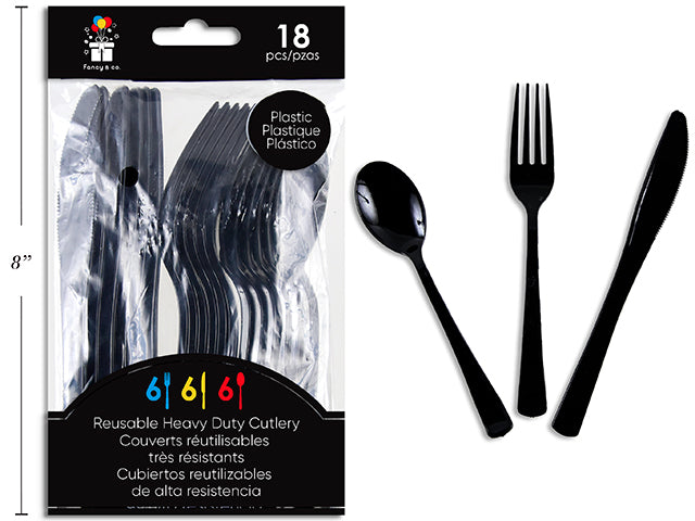 Ensemble de Couverts en Plastique Réutilisables Noir, 18 Pièces Assorties