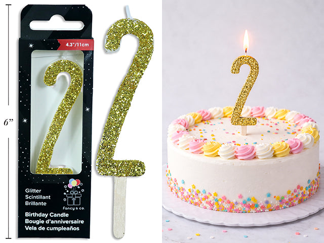 Chandelle d'anniversaire pailletée or, chiffre 2, 11 cm