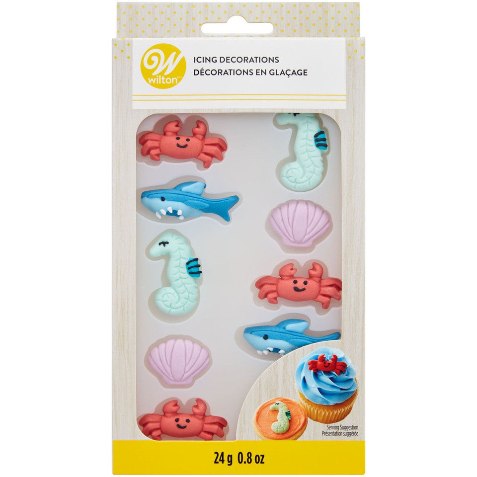Wilton Décorations en Glaçage Royal - Crabe, Coquillage, Hippocampe et Requin, 24g (12 Pièces)