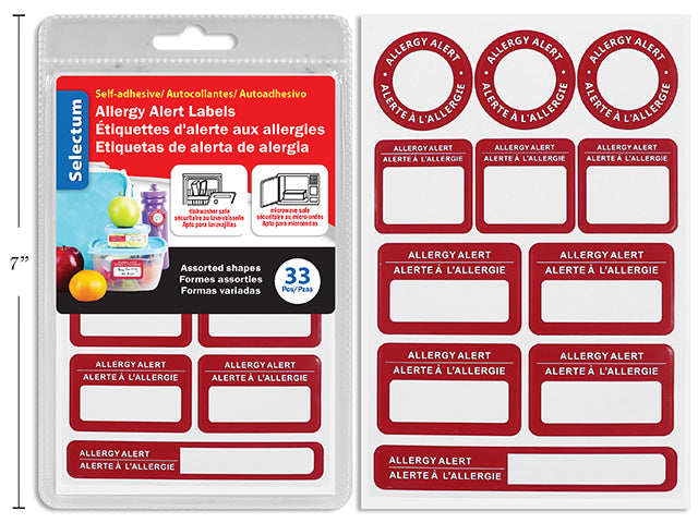 Allergy Alert Self-Adhesive Labels, 33-Count, 5 Assorted Designs