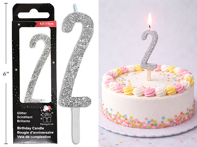 Chandelle d'anniversaire pailletée argent, chiffre 2, 11 cm